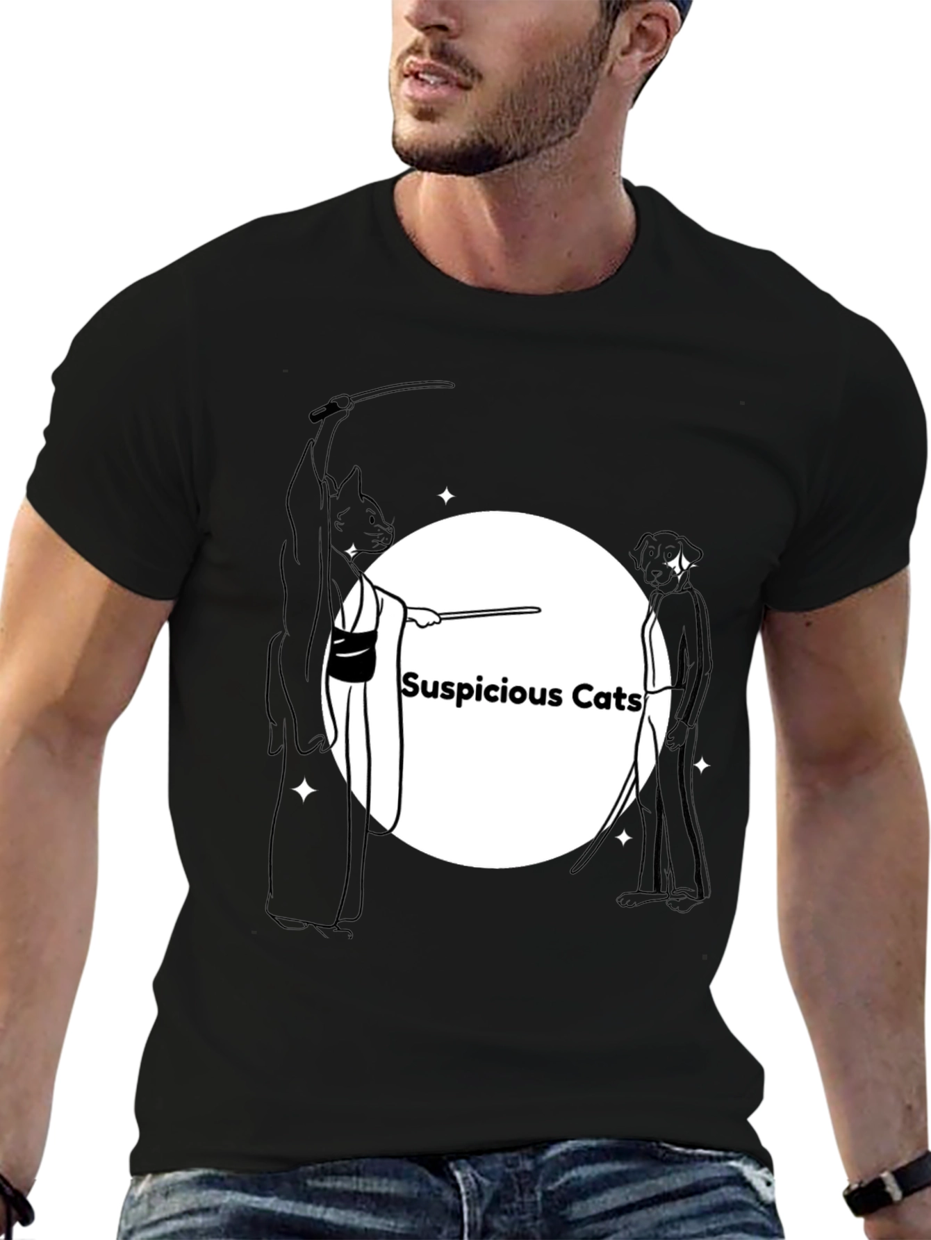 Suspicious Cats Graphic Tee - Black Cotton T-Shirt