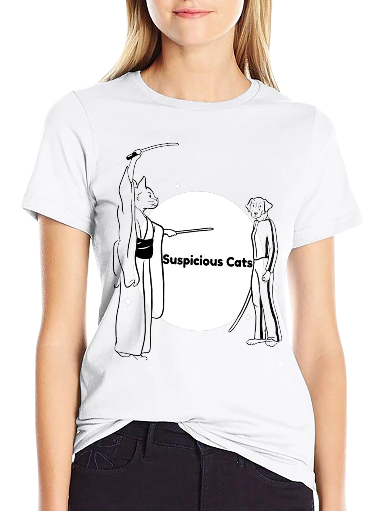 Suspicious Cats Graphic Tee - Black Cotton T-Shirt