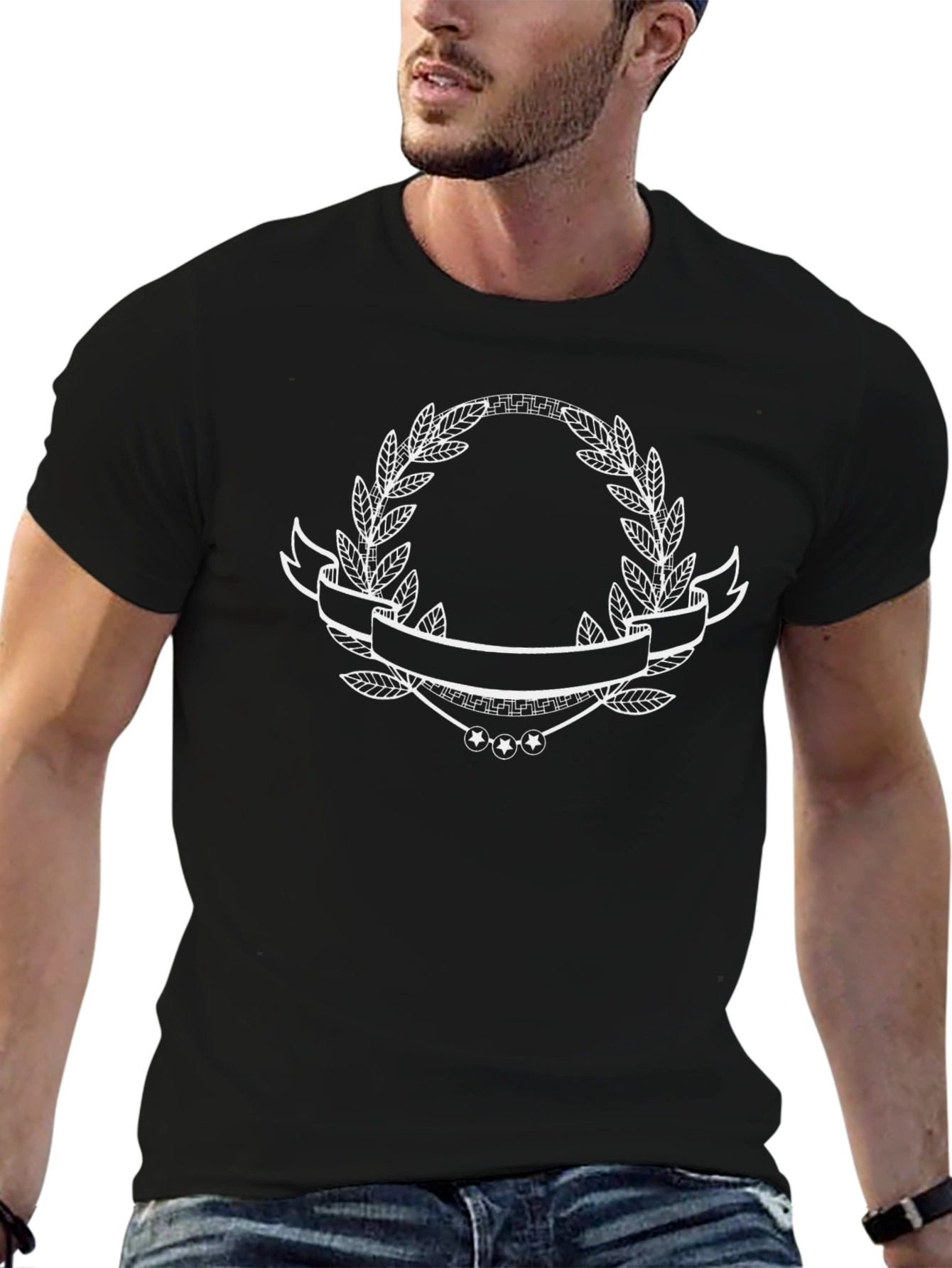 Black Graphic Tee with Laurel Wreath Design