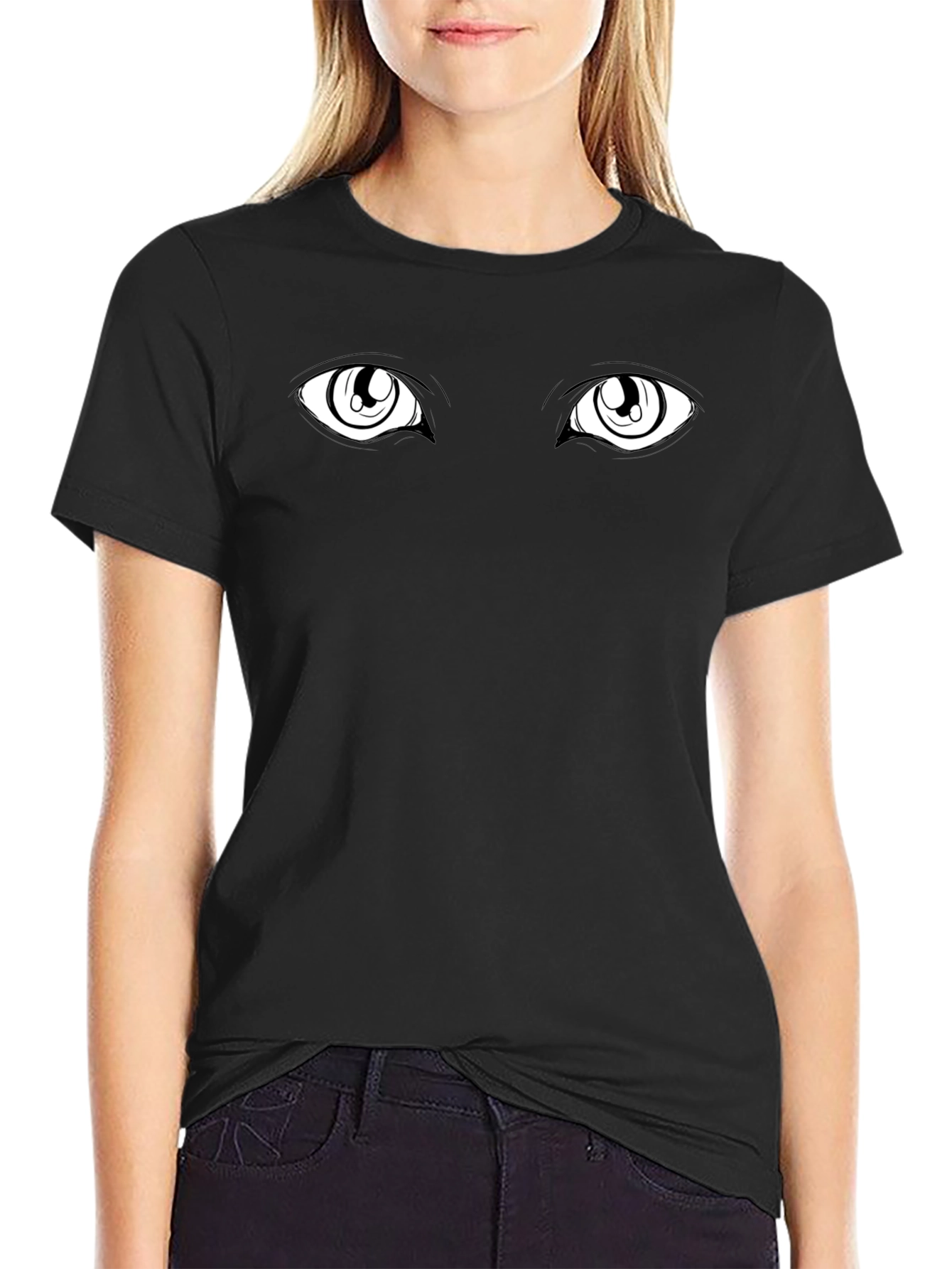 Anime Eyes Black Tee - Expressive Graphic T-Shirt