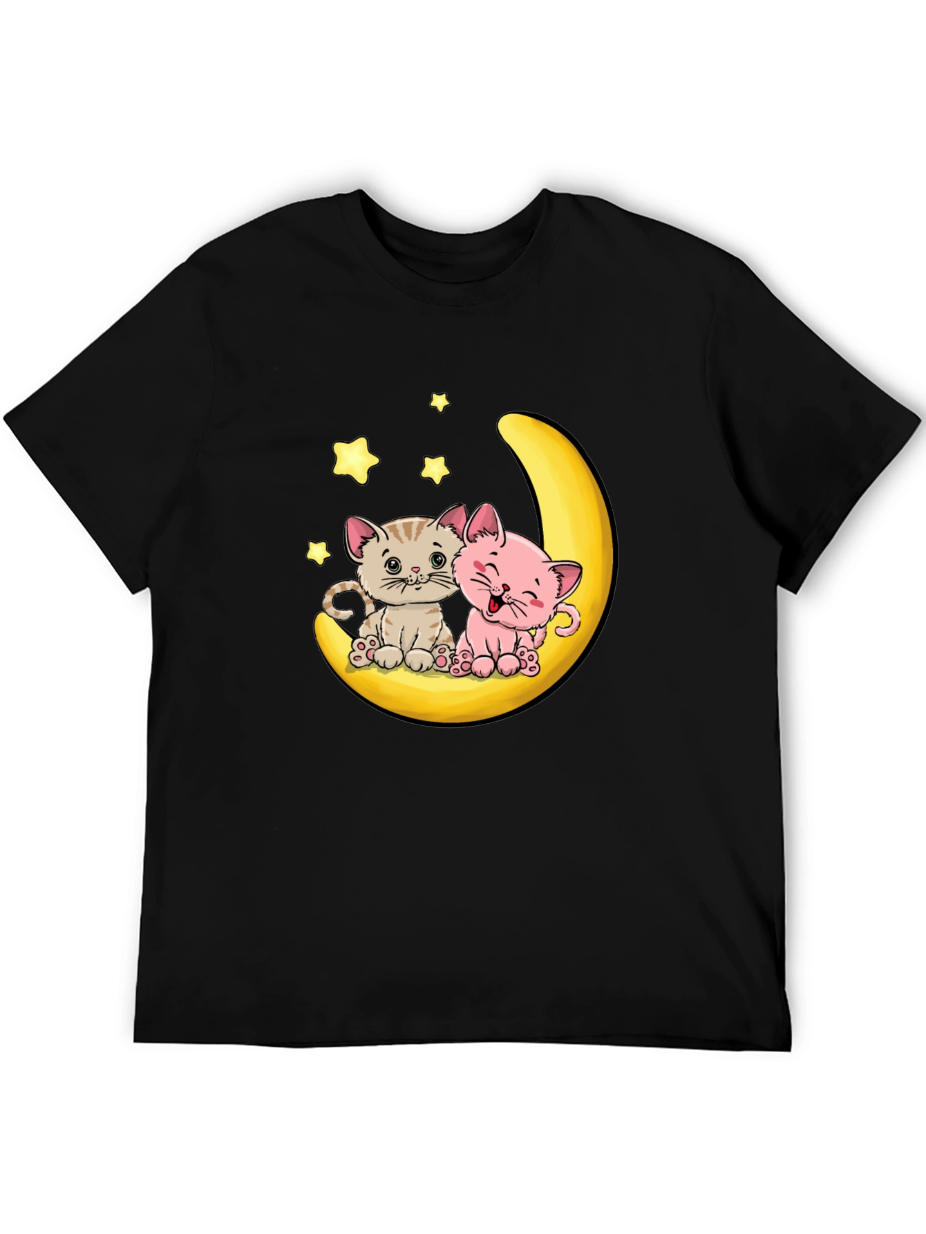 Cute Kitten Moon Graphic Tee - Black