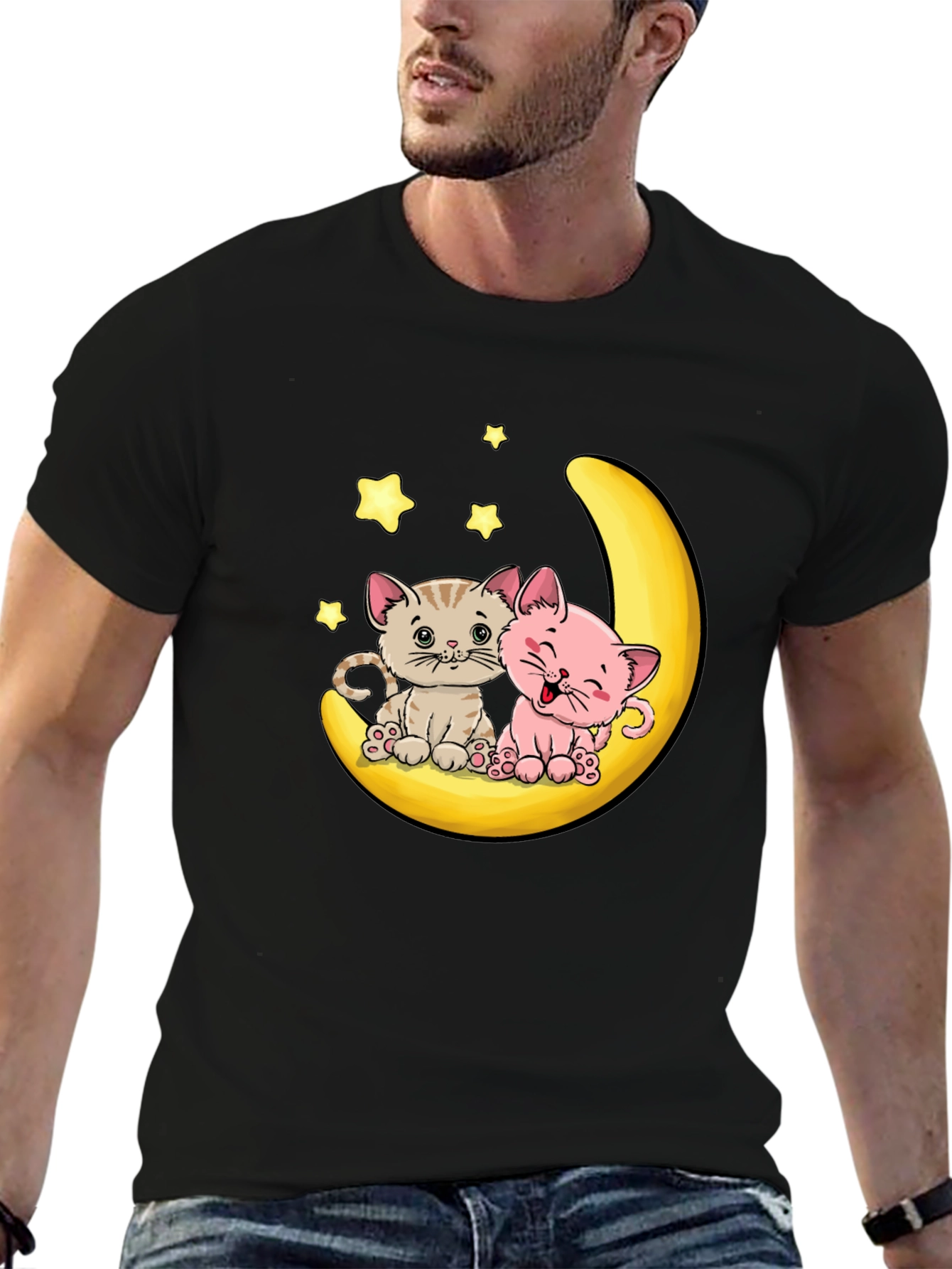 Cute Kitten Moon Graphic Tee - Black