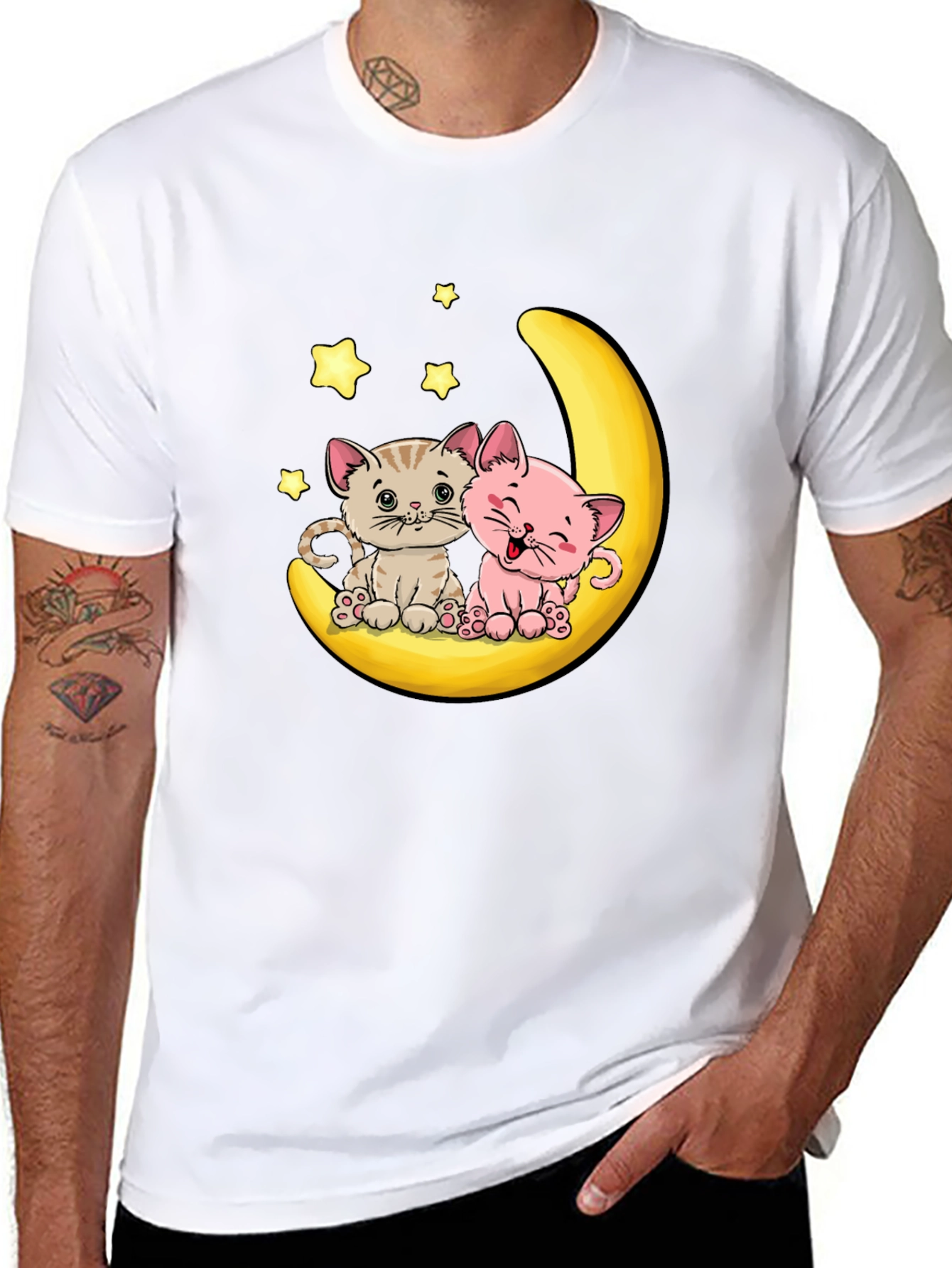Cute Kitten Moon Graphic Tee - Black