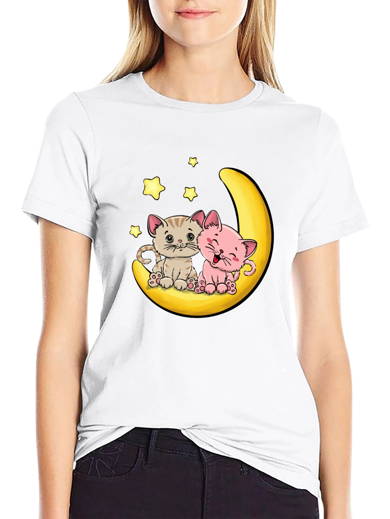 Cute Kitten Moon Graphic Tee - Black
