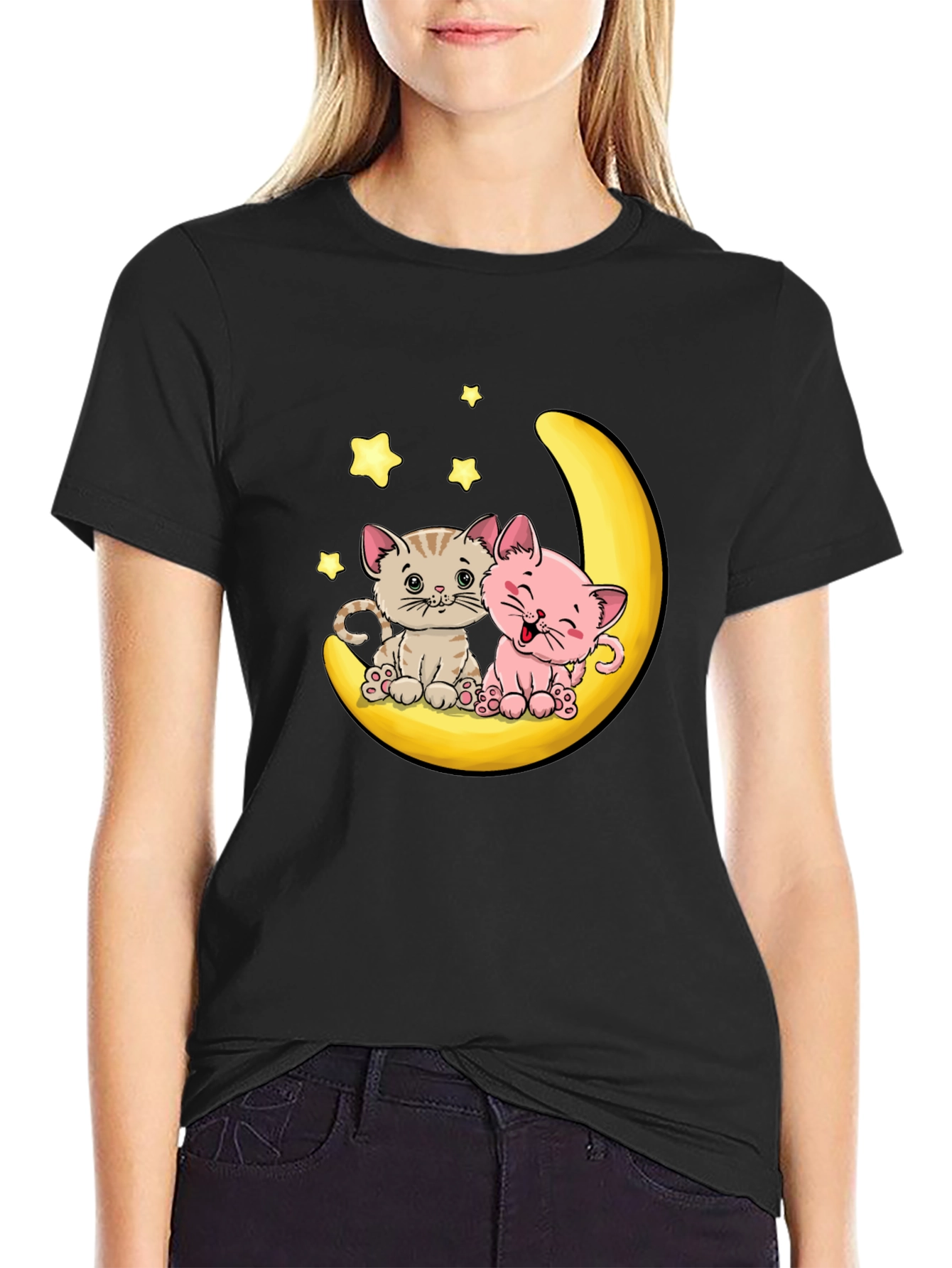 Cute Kitten Moon Graphic Tee - Black