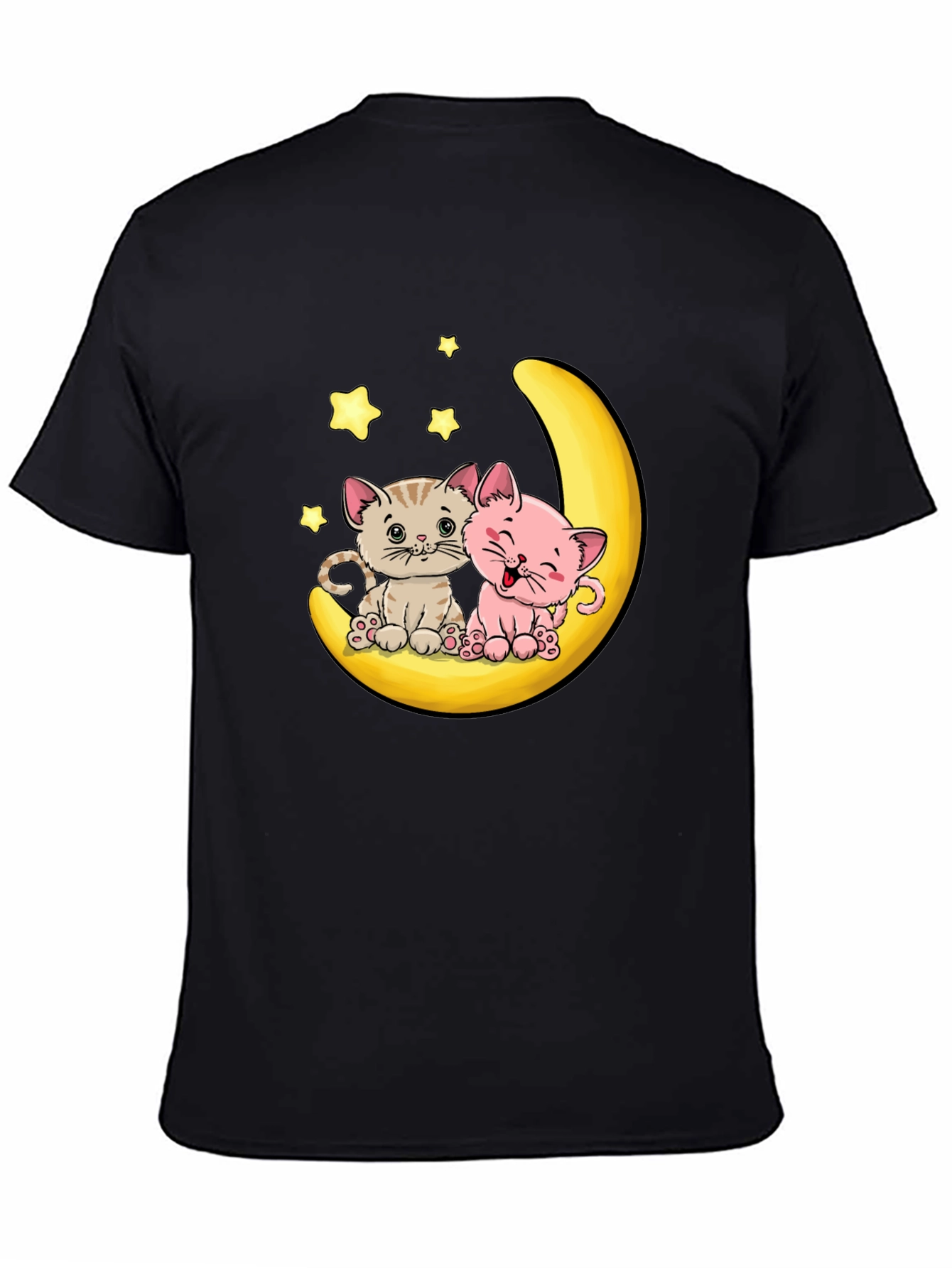 Cute Kitten Moon Graphic Tee - Black