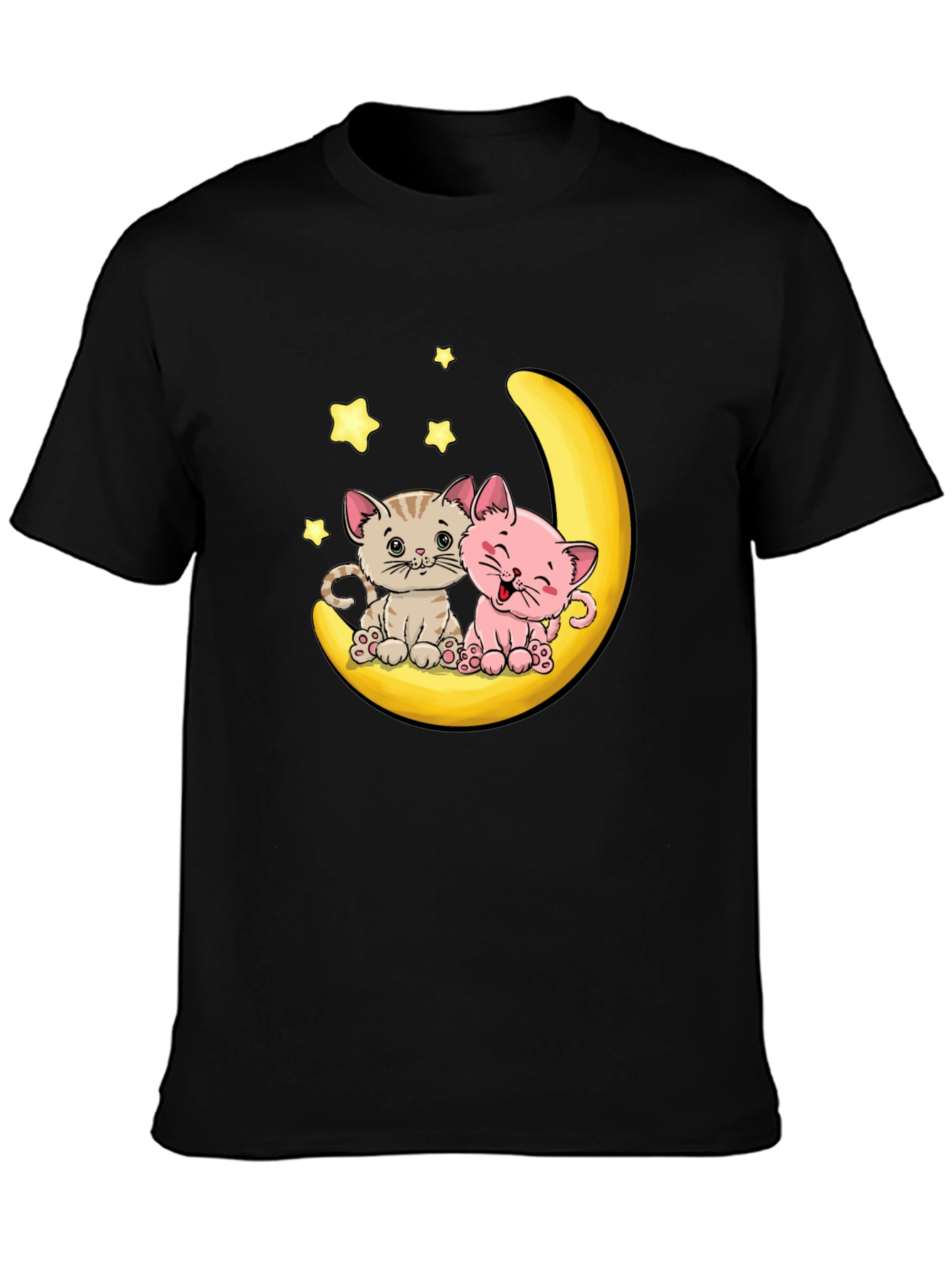 Cute Kitten Moon Graphic Tee - Black