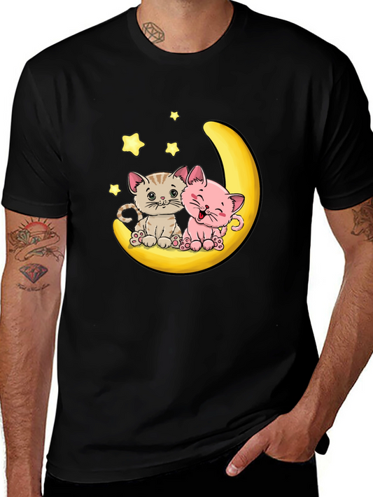 Cute Kitten Moon Graphic Tee - Black