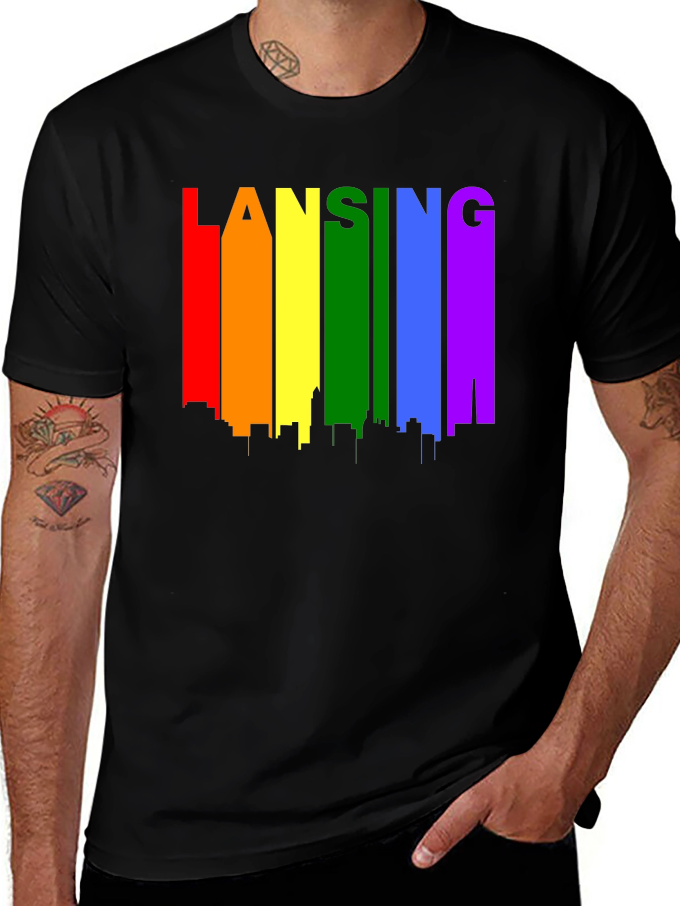 Lansing Pride T-Shirt - Rainbow Skyline