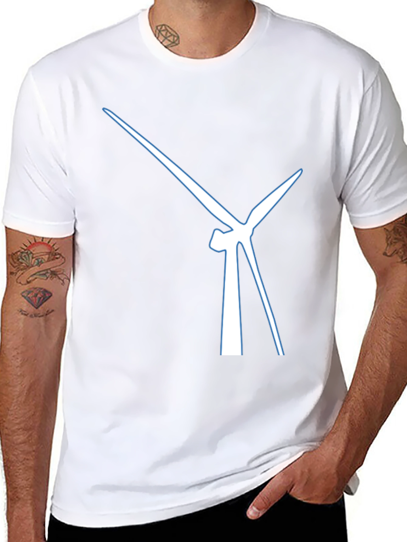 Modern Wind Turbine Graphic Tee - Black Cotton Blend