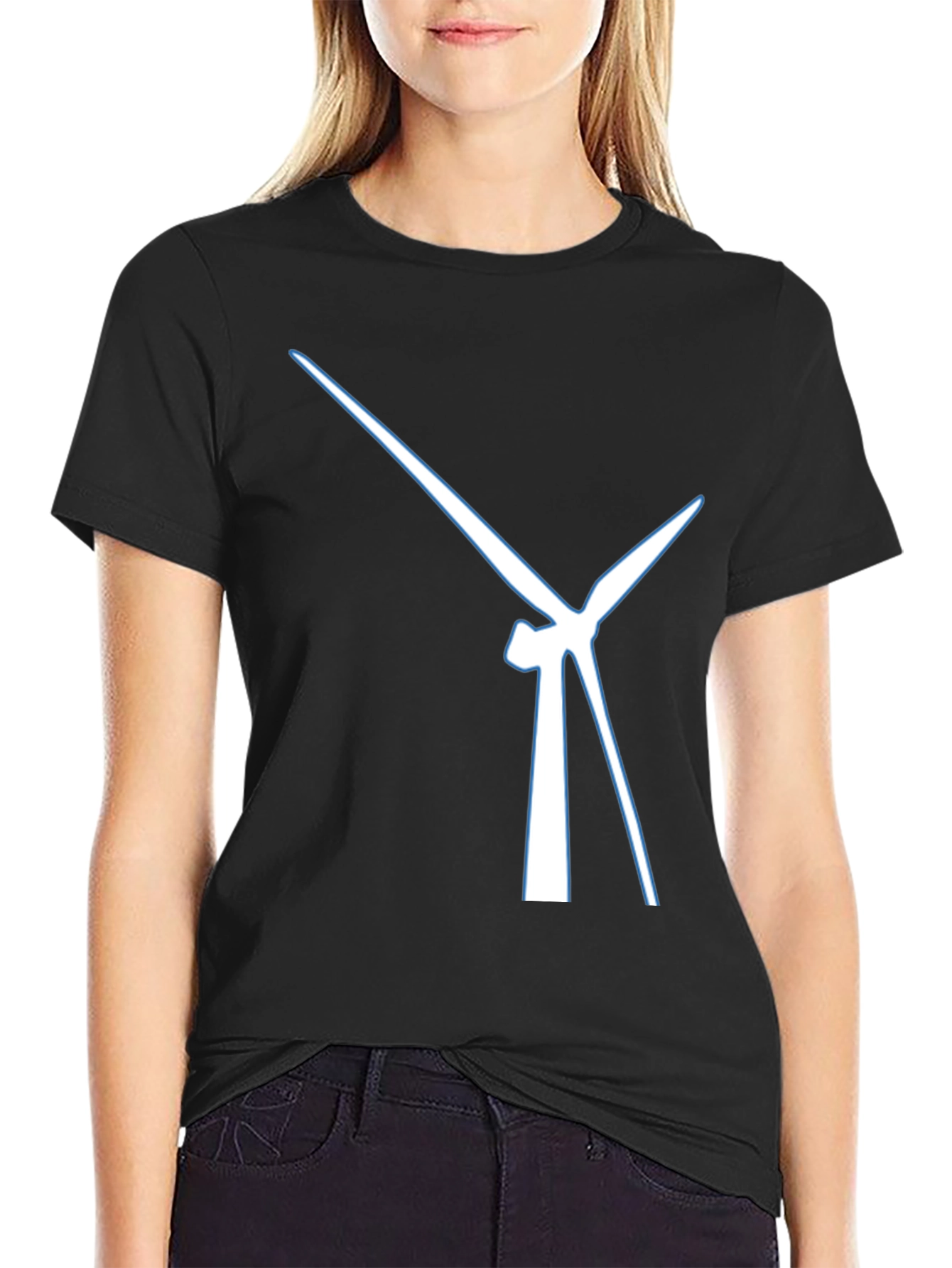 Modern Wind Turbine Graphic Tee - Black Cotton Blend