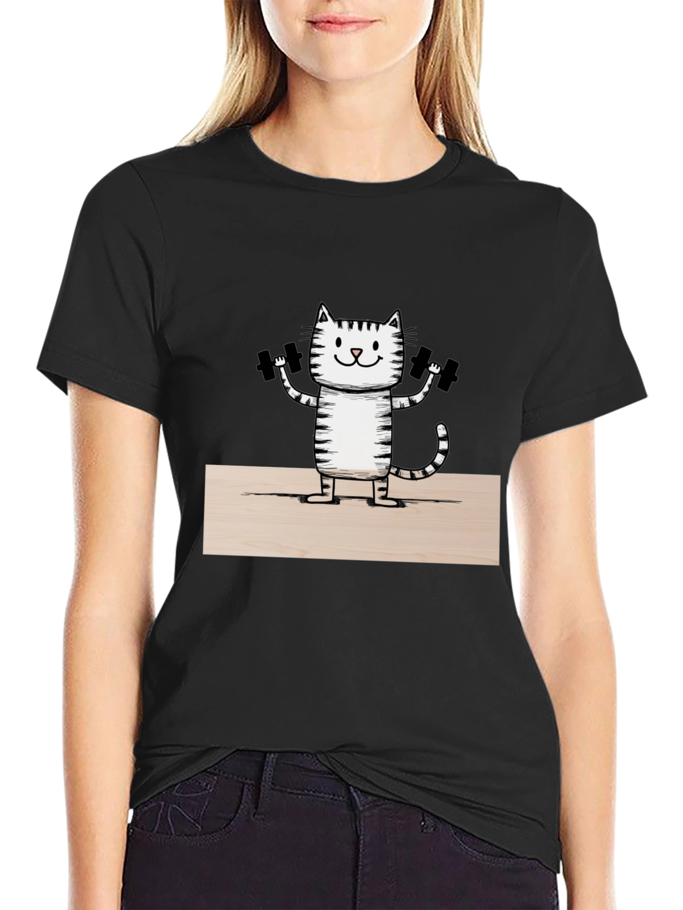 Funny Cat Lifting Weights T-Shirt - Black