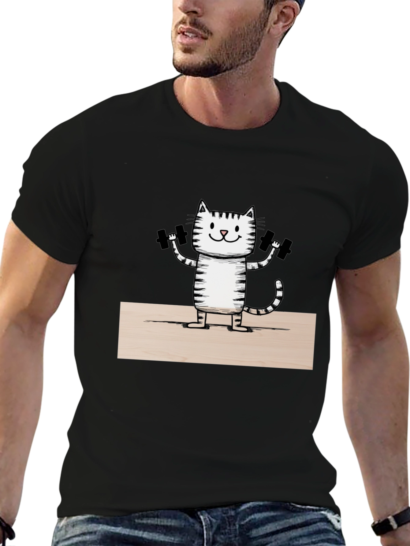 Funny Cat Lifting Weights T-Shirt - Black