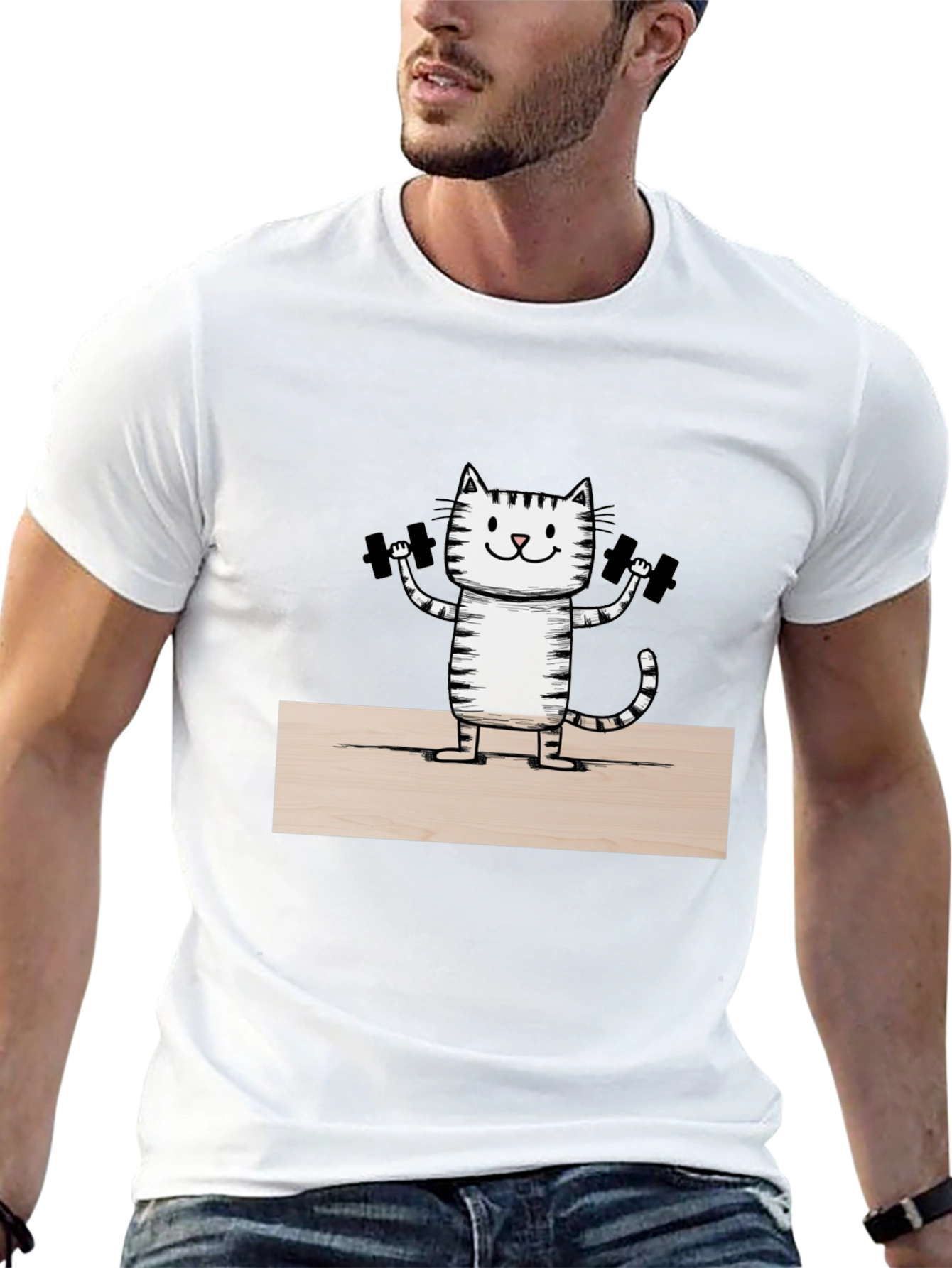Funny Cat Lifting Weights T-Shirt - Black
