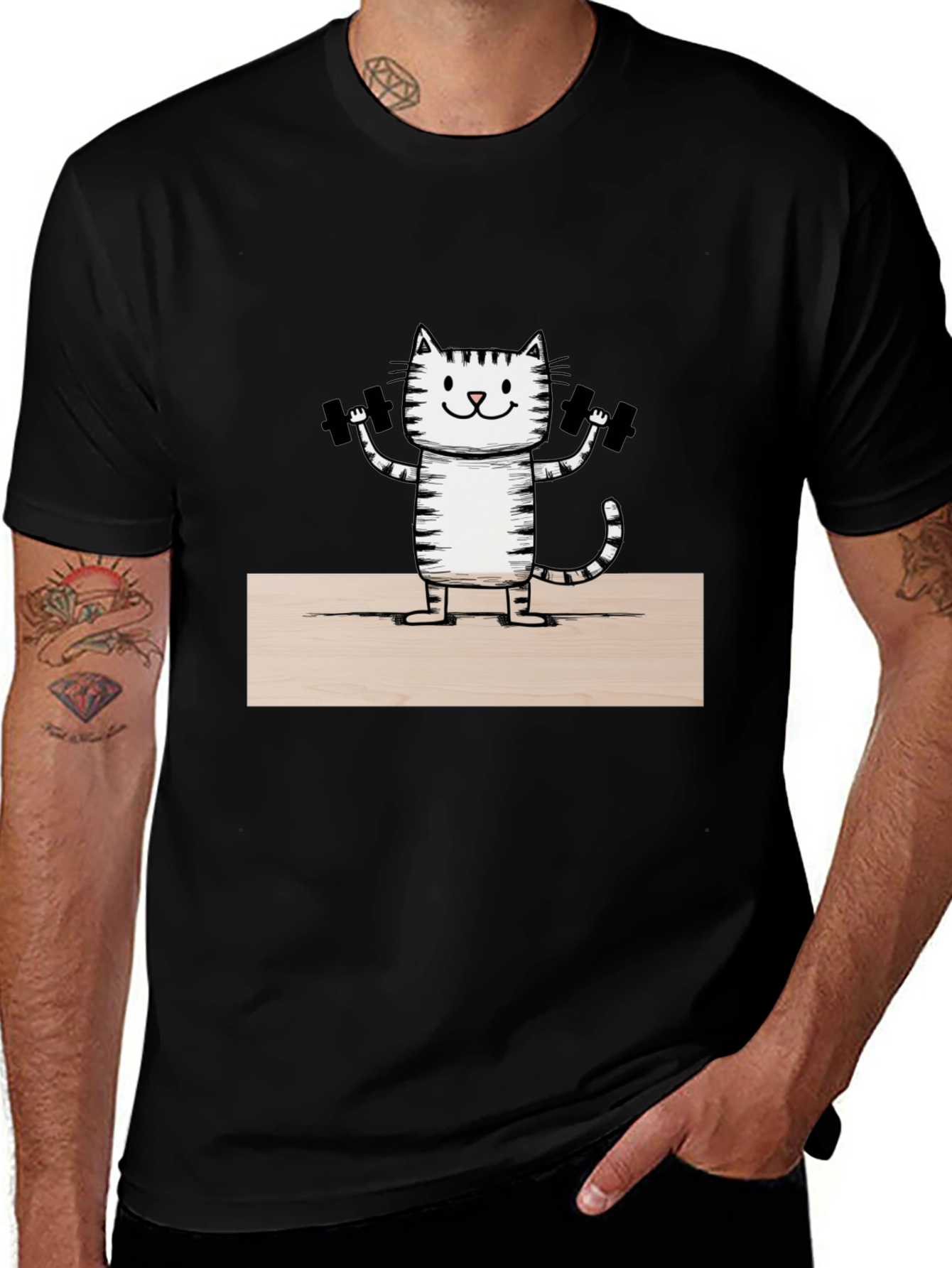 Funny Cat Lifting Weights T-Shirt - Black
