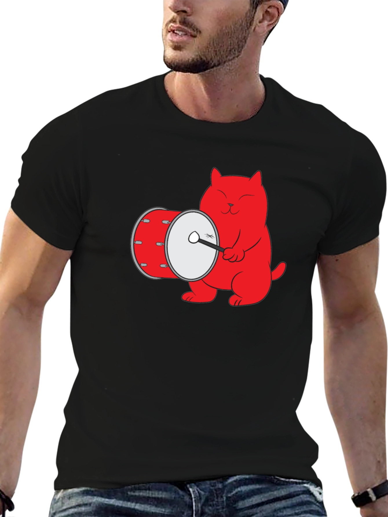 Cool Cat Drummer Graphic Tee - Black Cotton T-Shirt