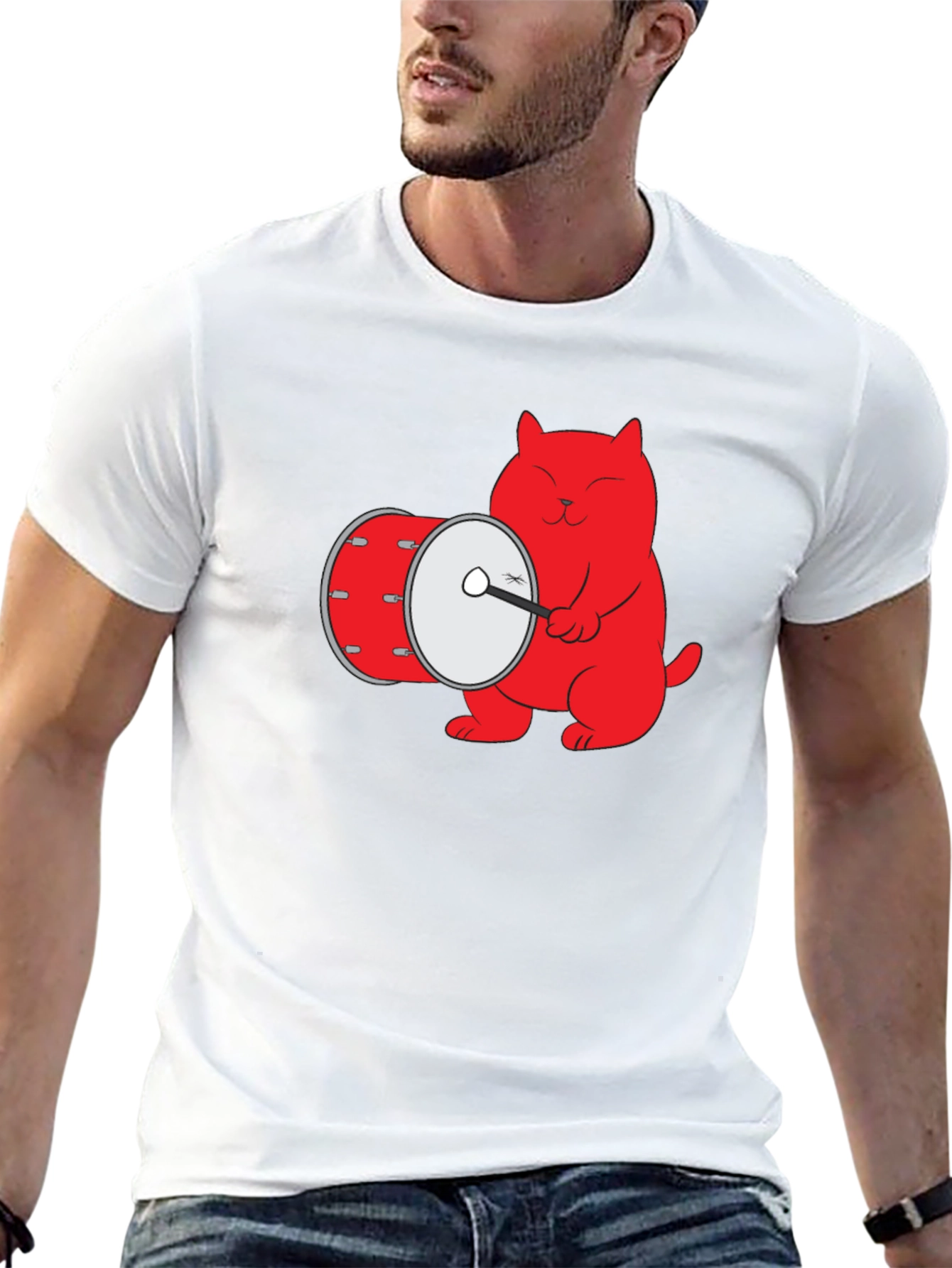 Cool Cat Drummer Graphic Tee - Black Cotton T-Shirt