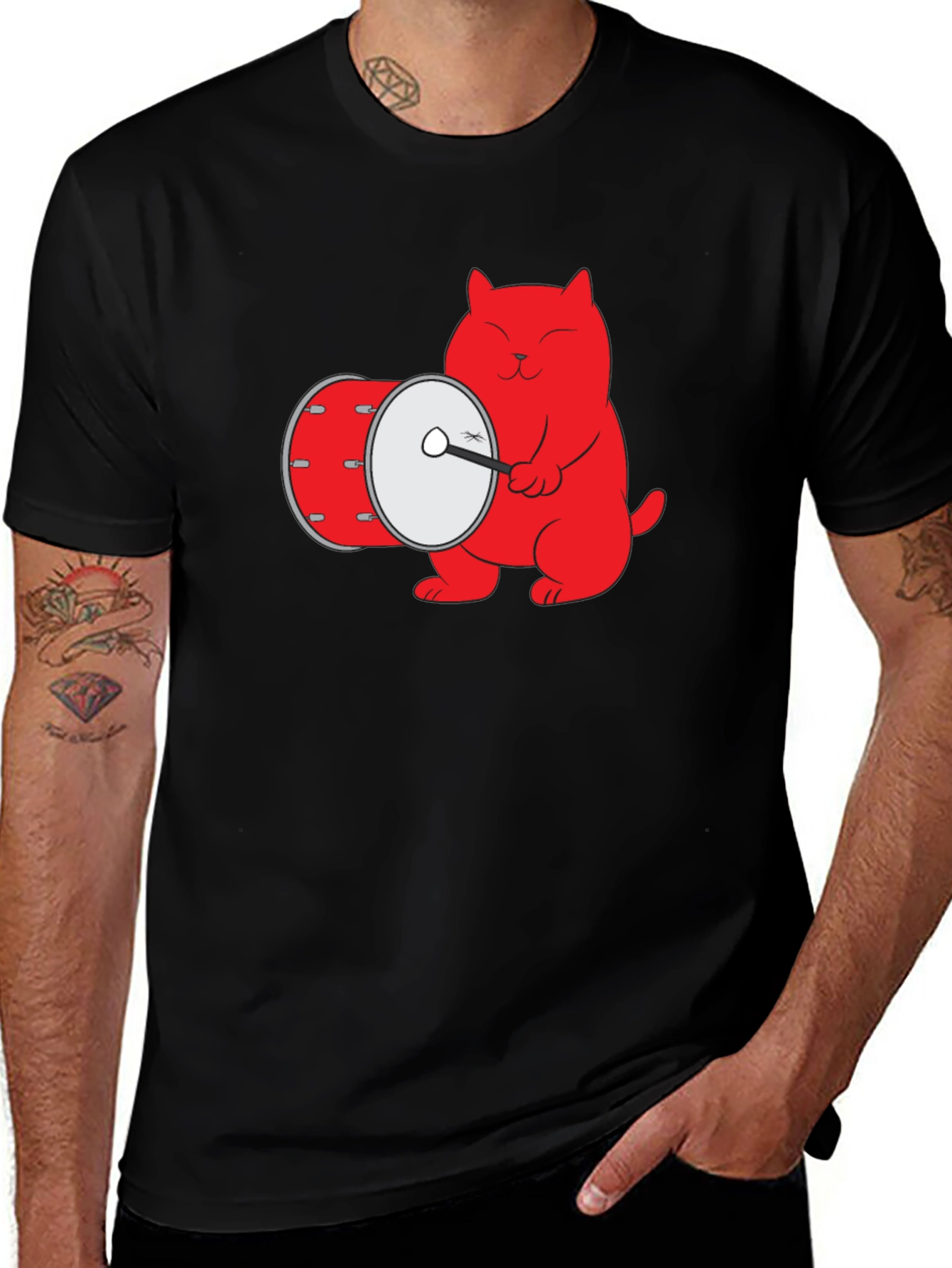 Cool Cat Drummer Graphic Tee - Black Cotton T-Shirt