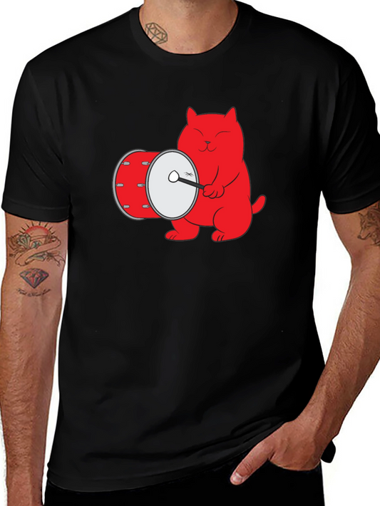 Cool Cat Drummer Graphic Tee - Black Cotton T-Shirt