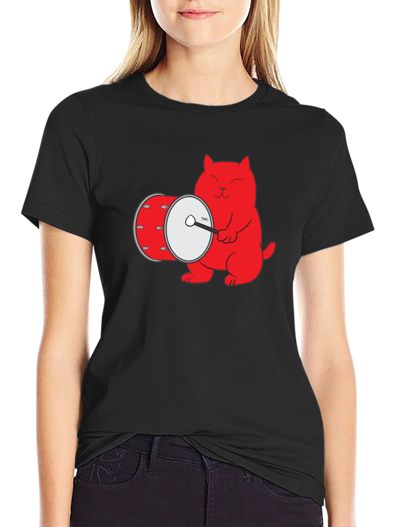 Cool Cat Drummer Graphic Tee - Black Cotton T-Shirt