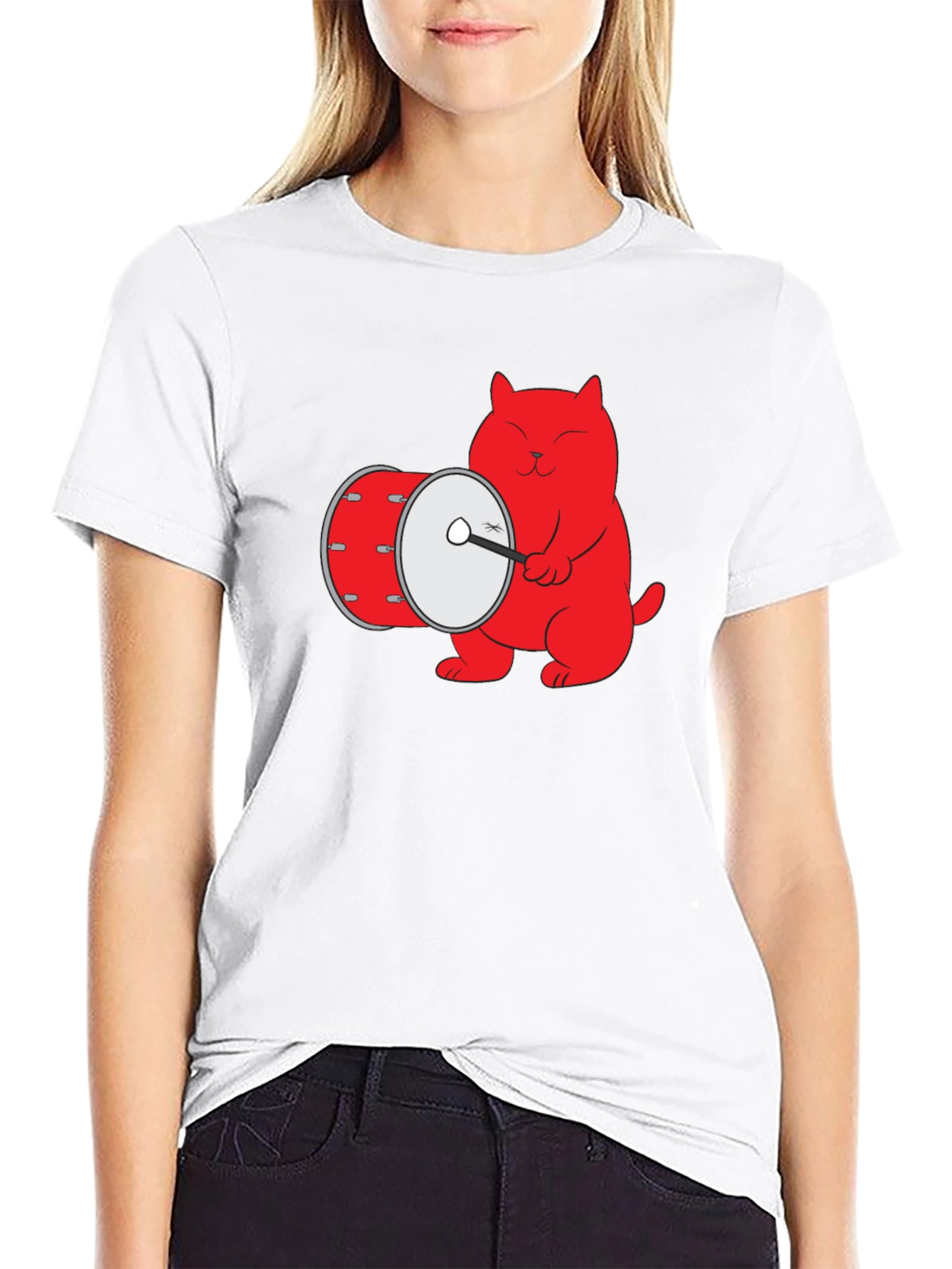 Cool Cat Drummer Graphic Tee - Black Cotton T-Shirt