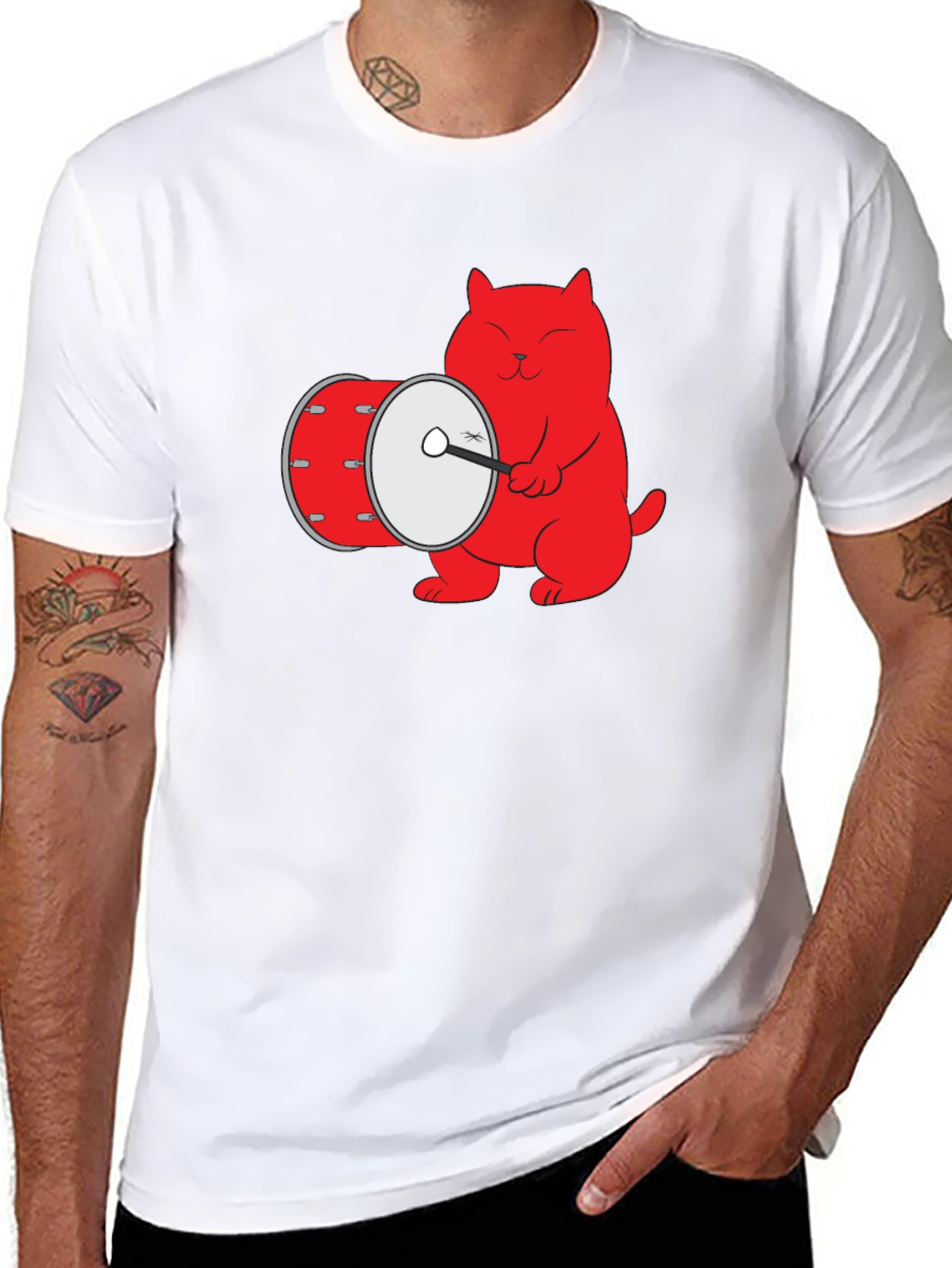 Cool Cat Drummer Graphic Tee - Black Cotton T-Shirt