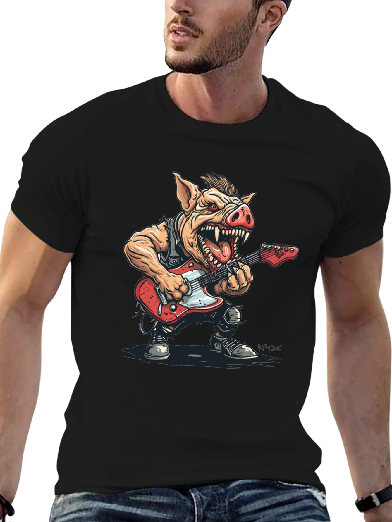 Rockstar Pig Graphic Tee - Black Cotton T-Shirt