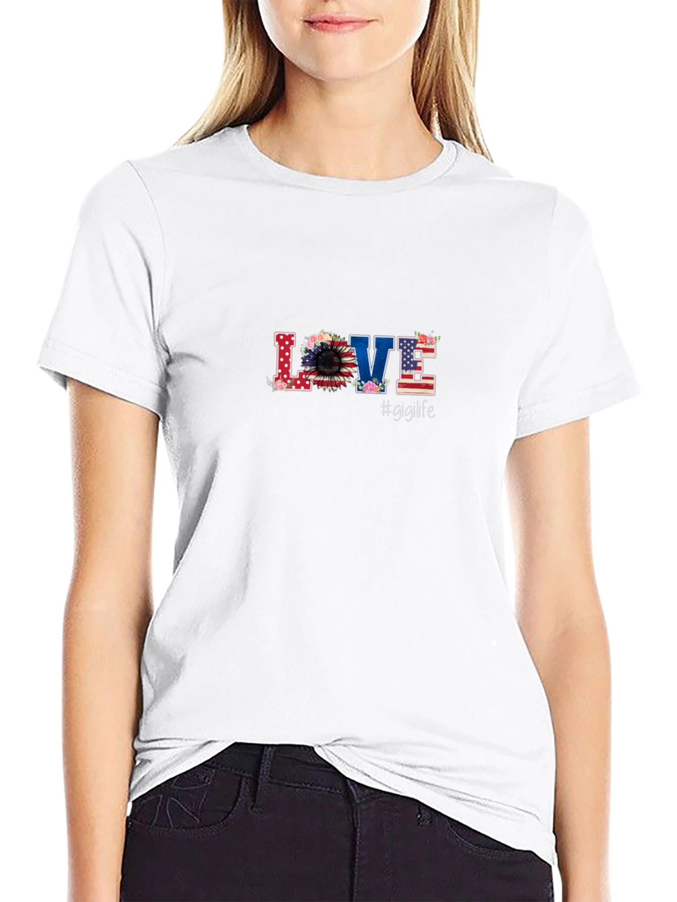 Floral American Flag LOVE Graphic Black T-Shirt