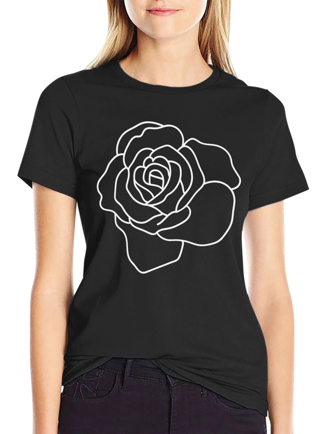 Rose Outline Graphic Tee - Stylish Black T-Shirt