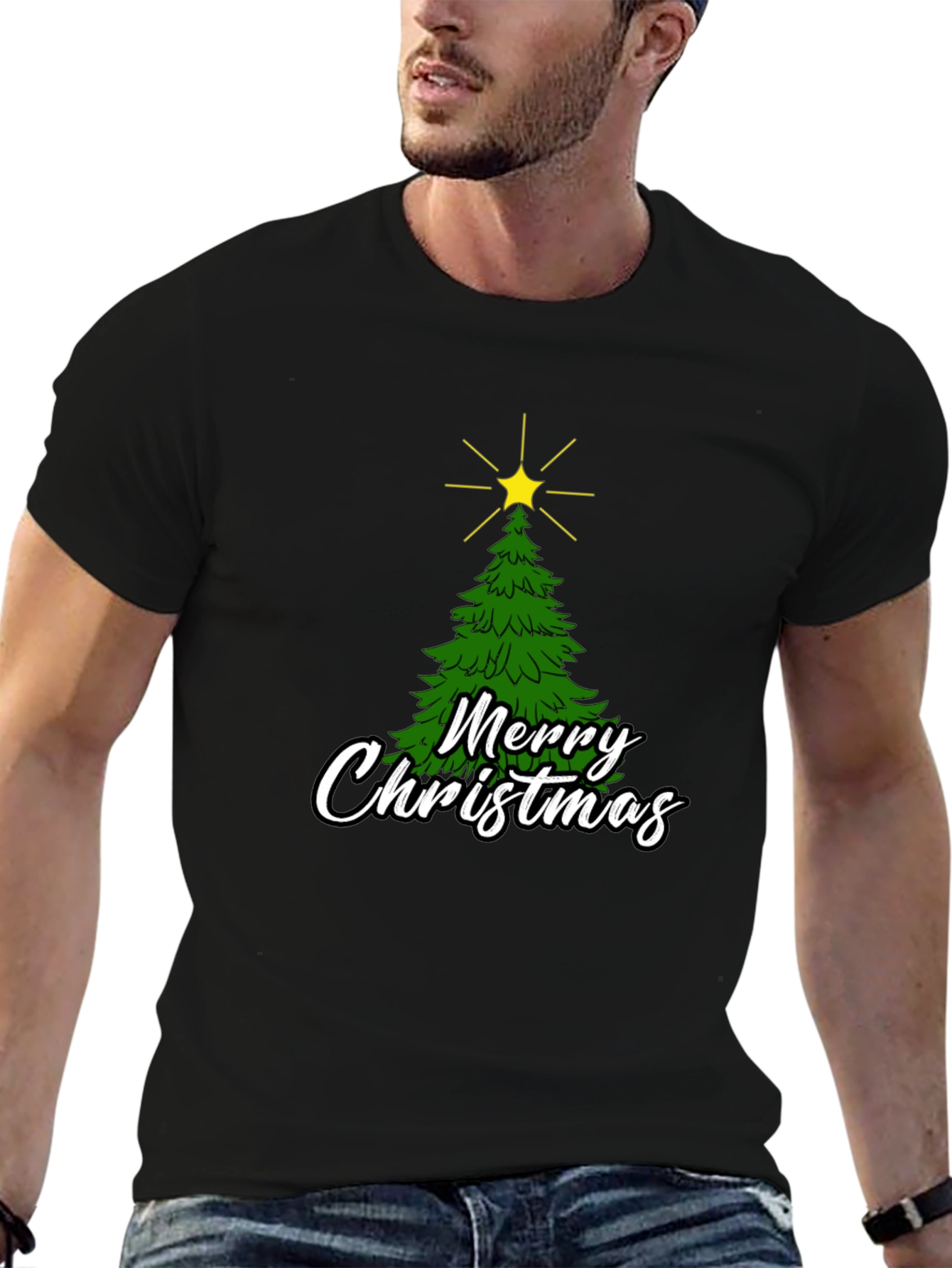 Merry Christmas Tree Graphic Black T-Shirt