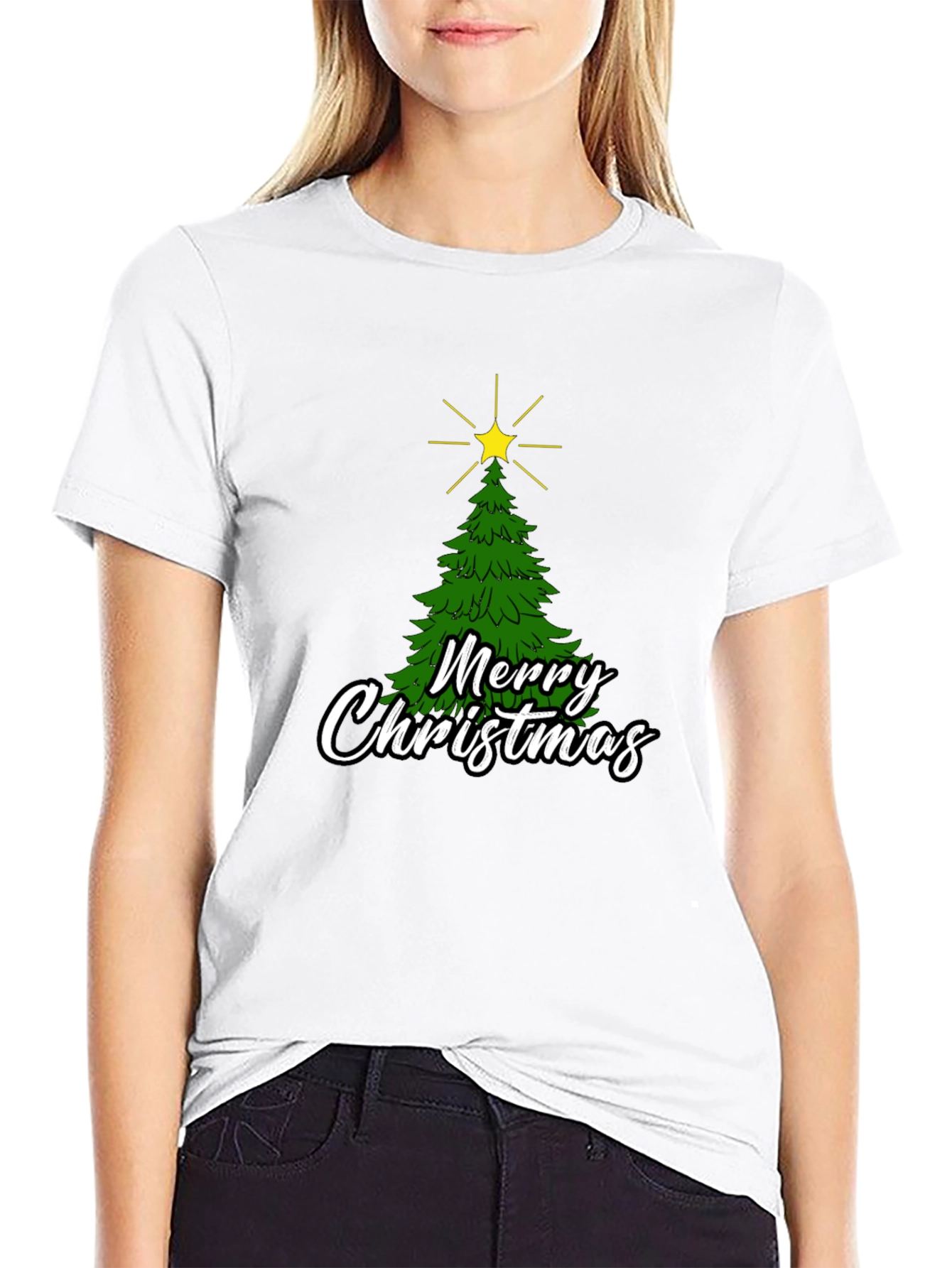 Merry Christmas Tree Graphic Black T-Shirt