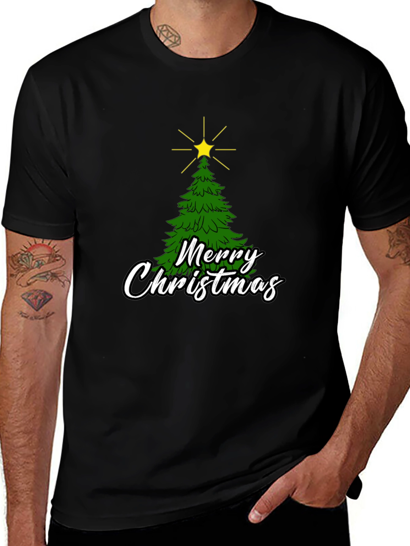 Merry Christmas Tree Graphic Black T-Shirt