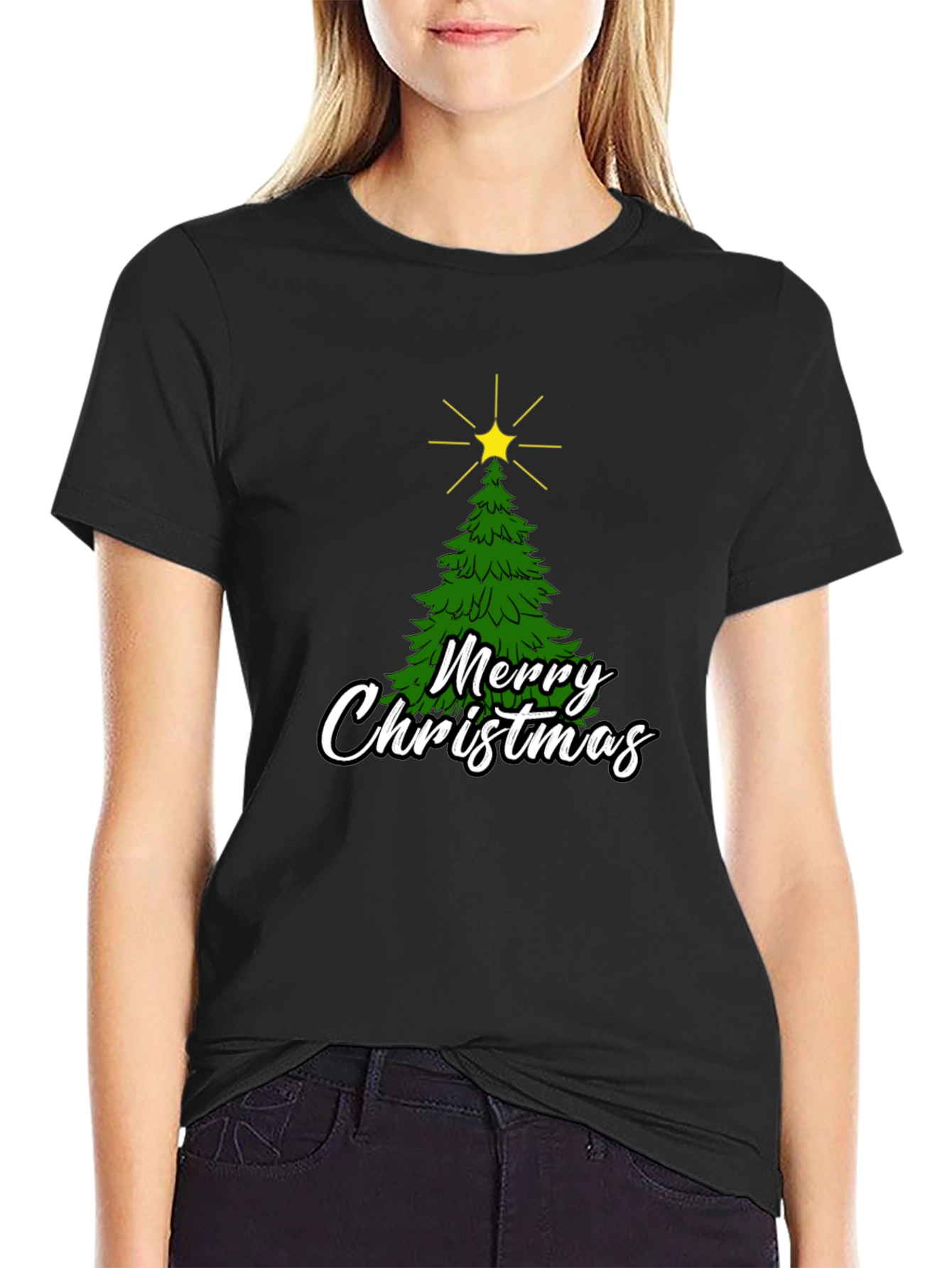 Merry Christmas Tree Graphic Black T-Shirt
