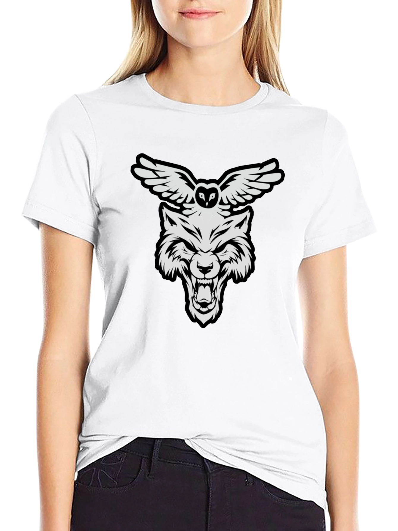 Wolf and Owl Graphic Print T-Shirt