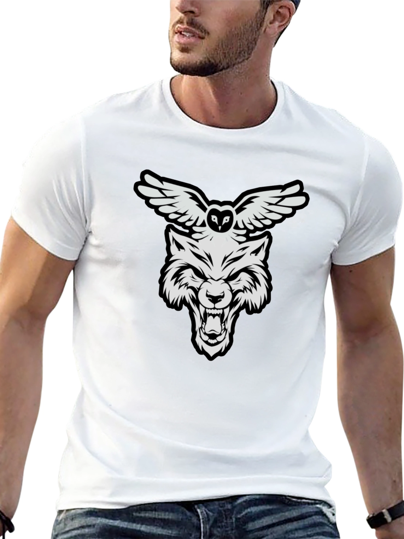 Wolf and Owl Graphic Print T-Shirt
