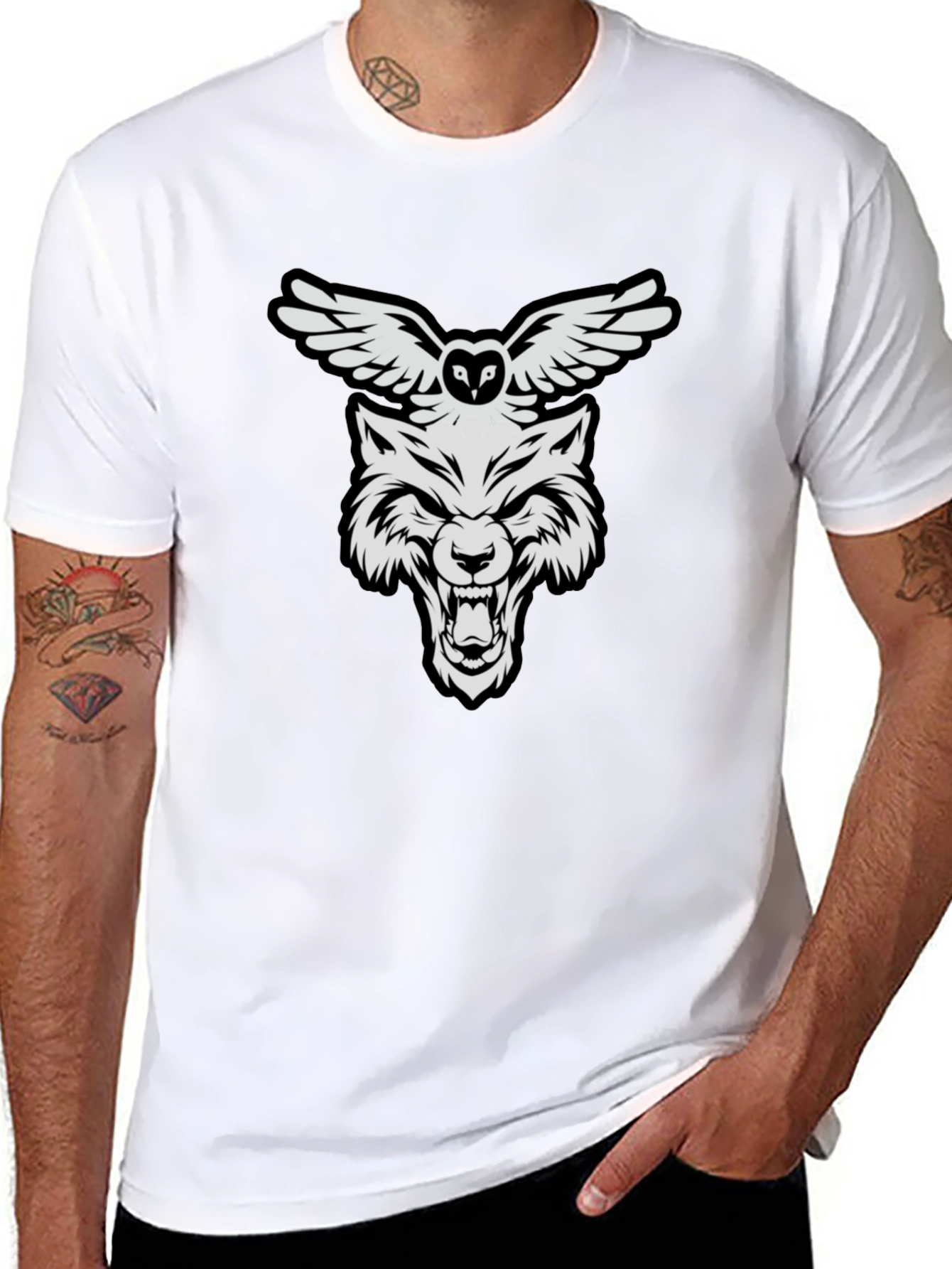 Wolf and Owl Graphic Print T-Shirt
