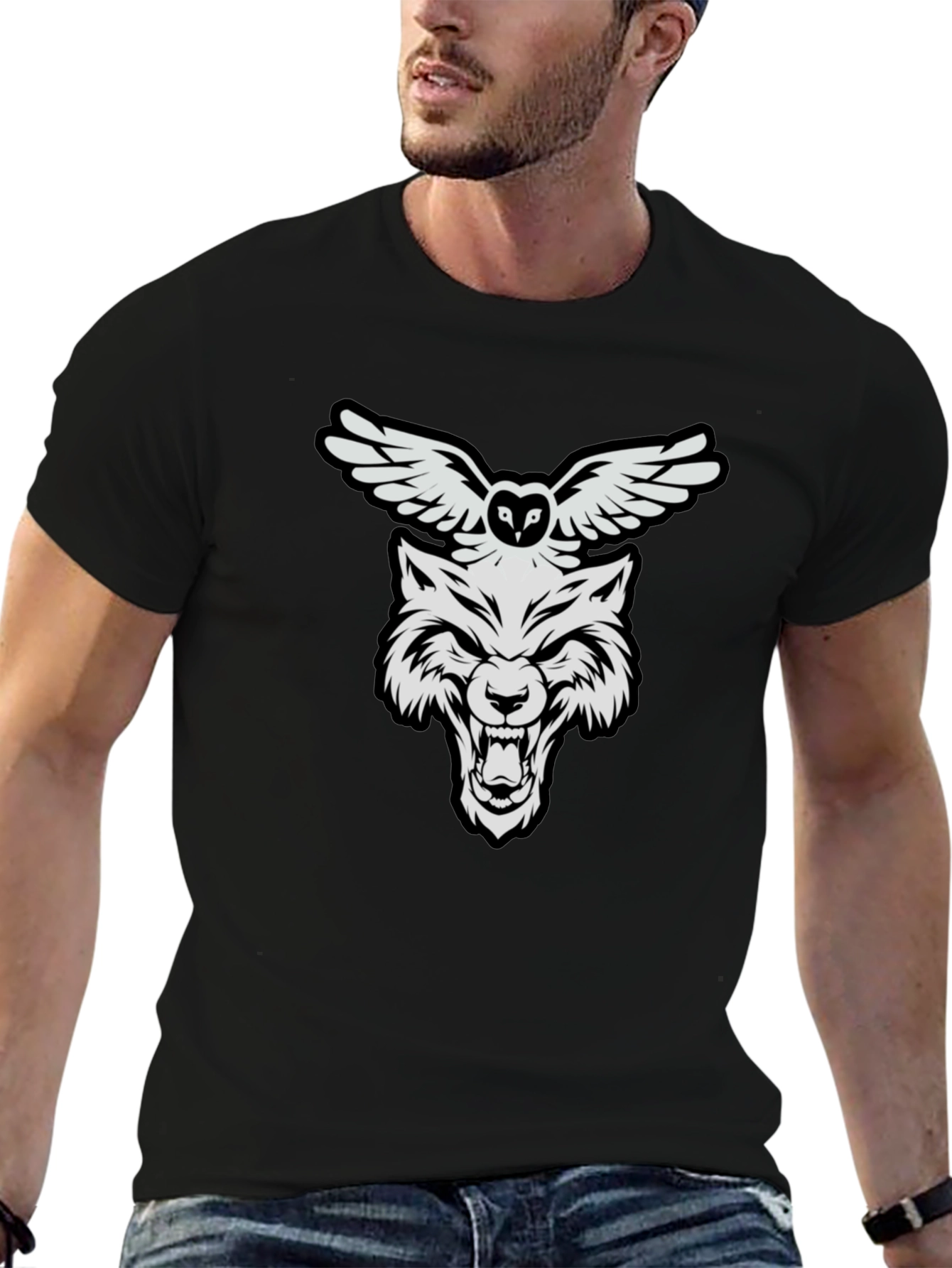 Wolf and Owl Graphic Print T-Shirt