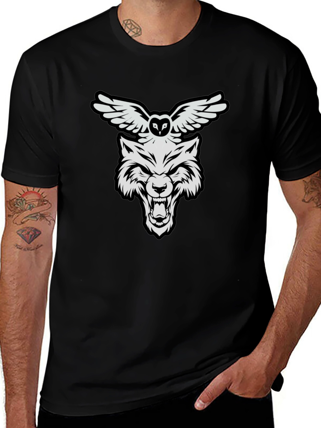 Wolf and Owl Graphic Print T-Shirt