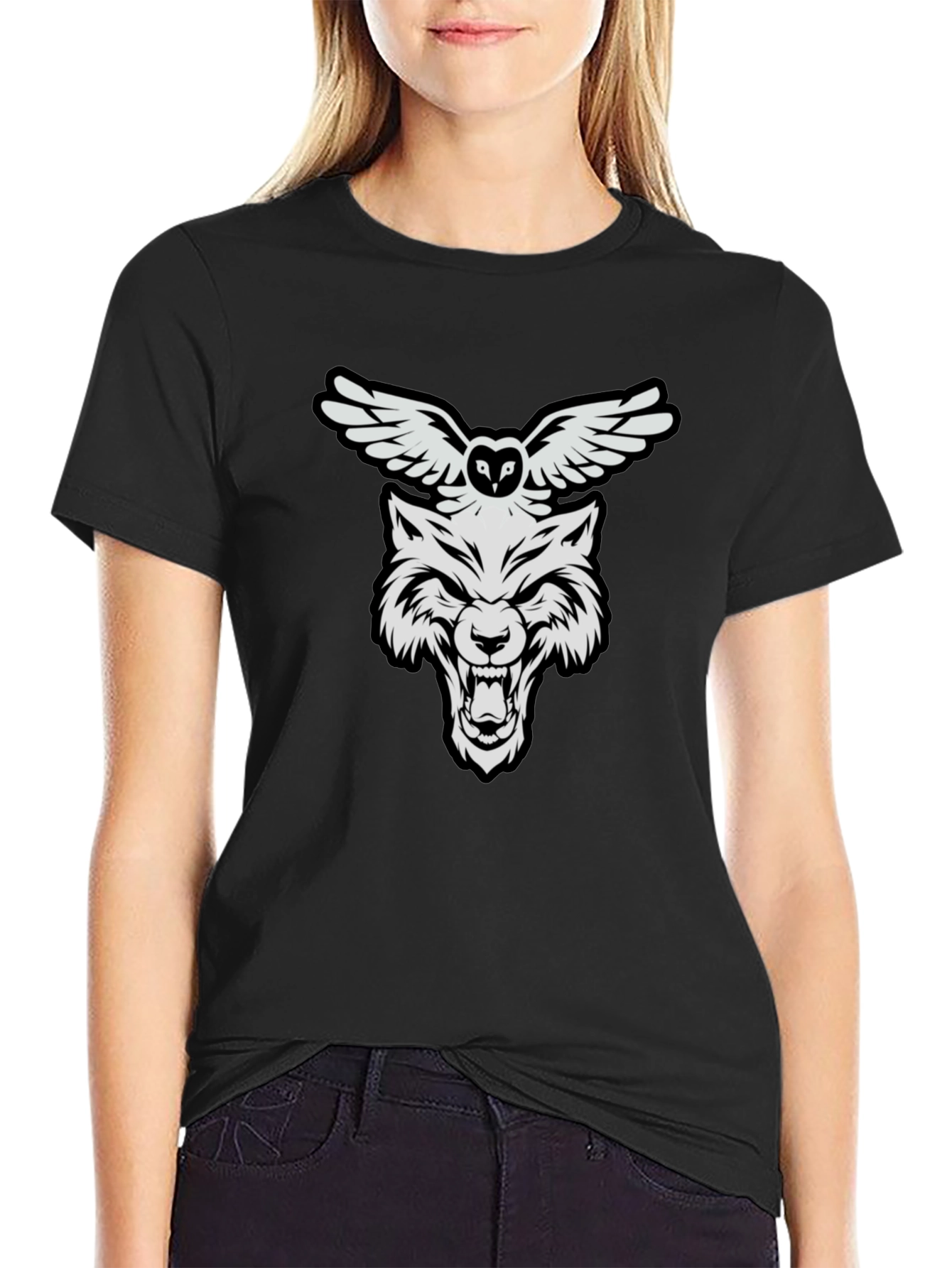 Wolf and Owl Graphic Print T-Shirt