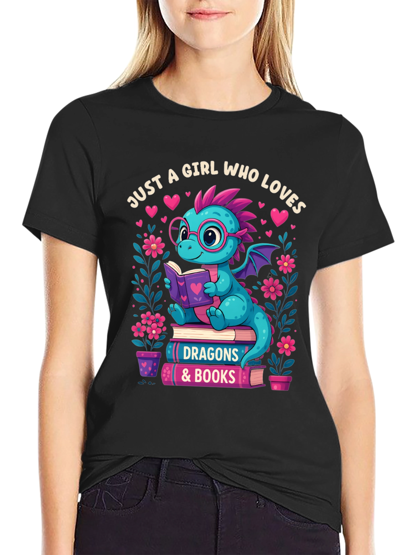 Dragon & Books T-Shirt - Girl Who Loves Dragons