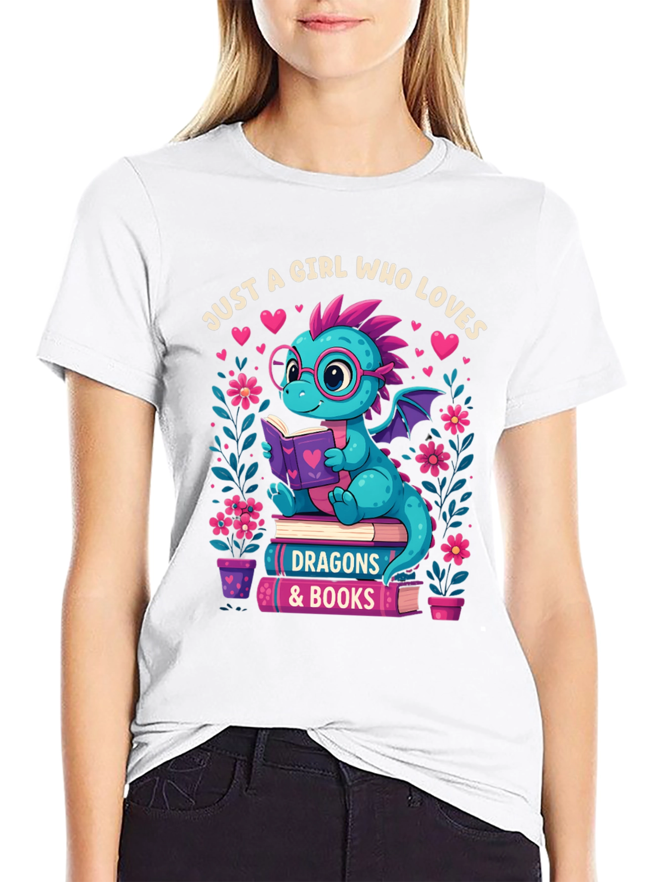 Dragon & Books T-Shirt - Girl Who Loves Dragons