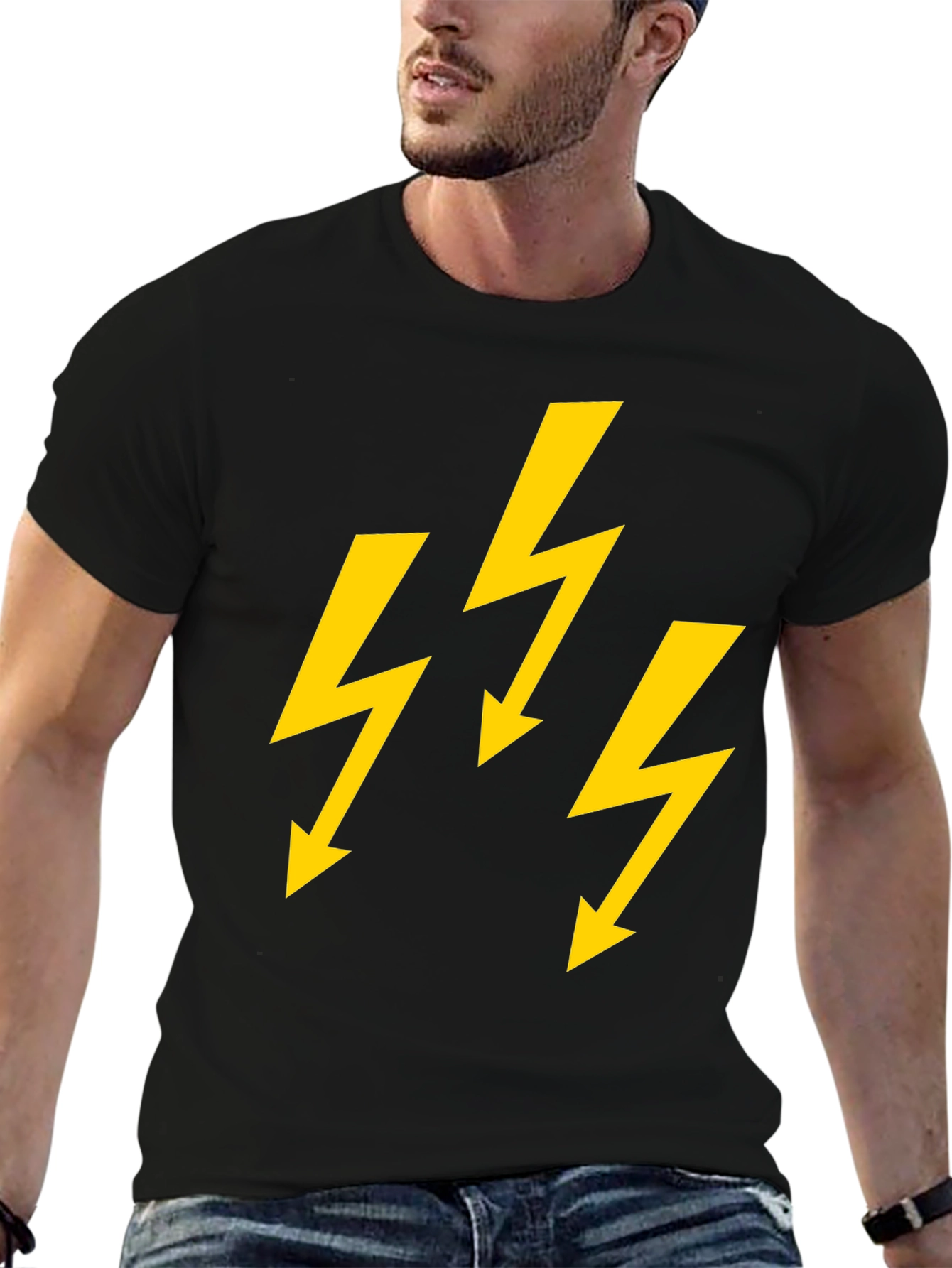 Bold Lightning Bolt Graphic Tee - Black Cotton