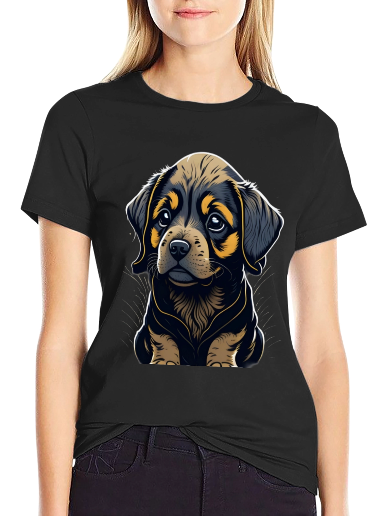 Cute Puppy Graphic Tee - Black Soft Cotton Blend