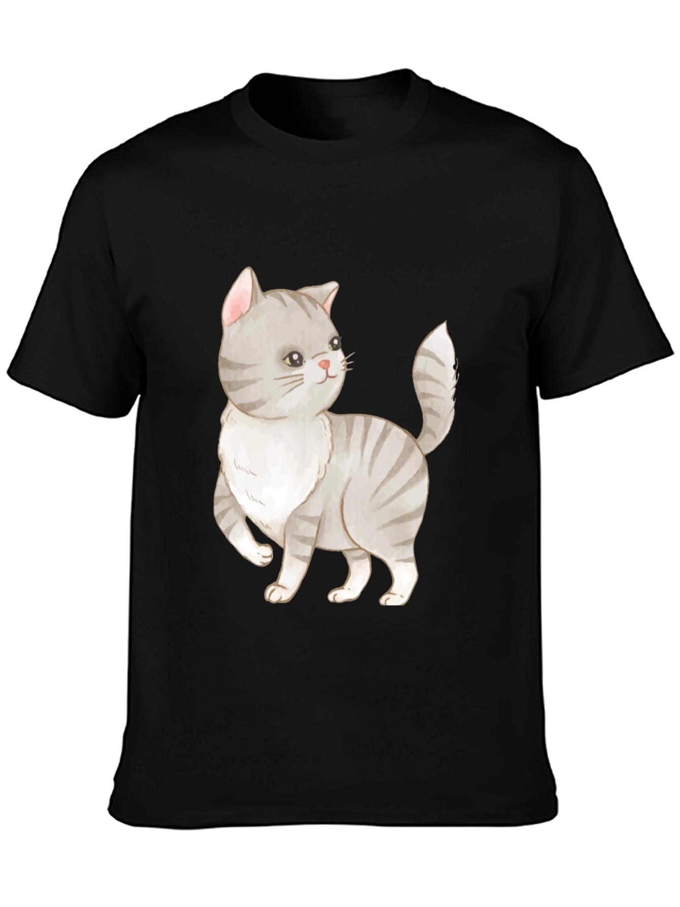 Cute Cat Graphic Tee - Black Cotton T-Shirt