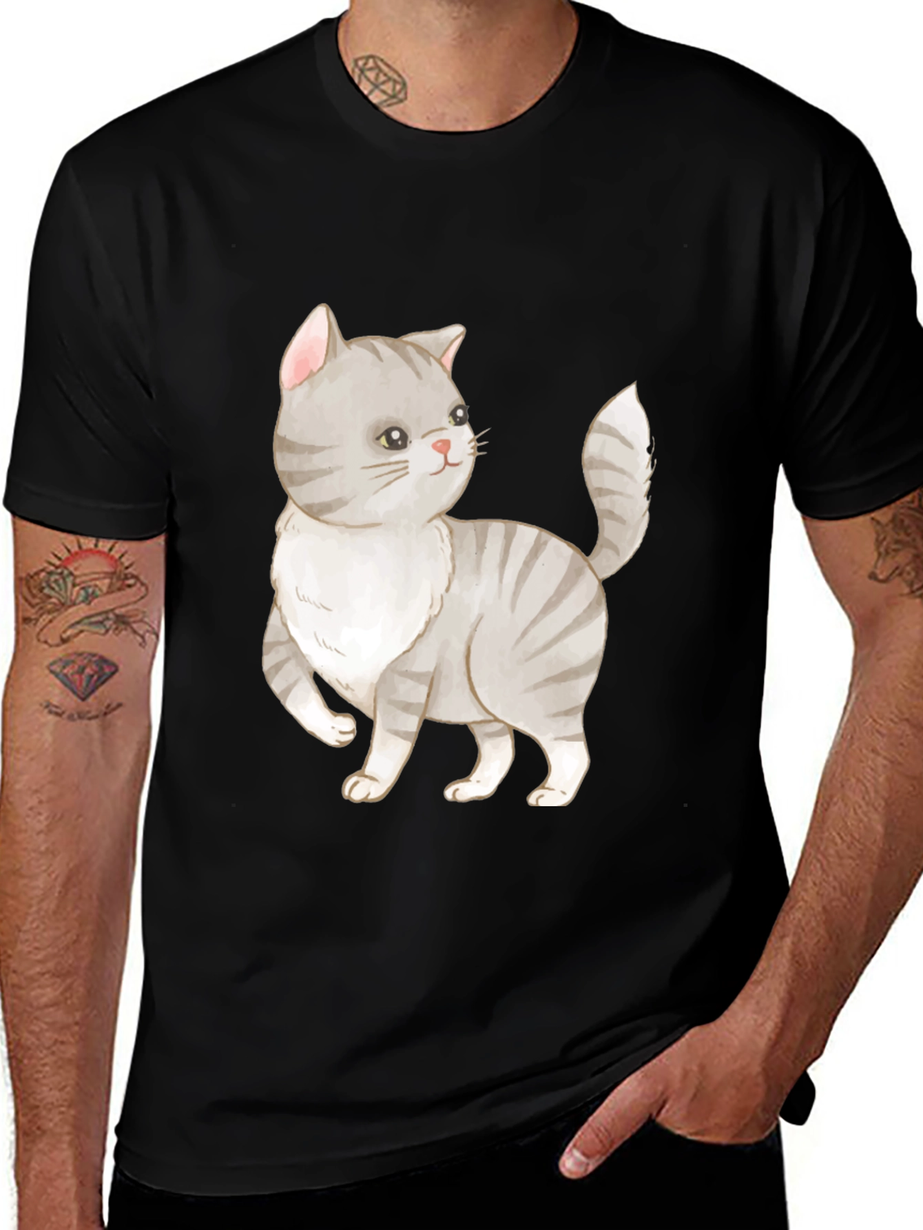 Cute Cat Graphic Tee - Black Cotton T-Shirt