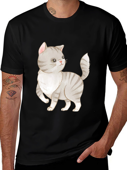 Cute Cat Graphic Tee - Black Cotton T-Shirt
