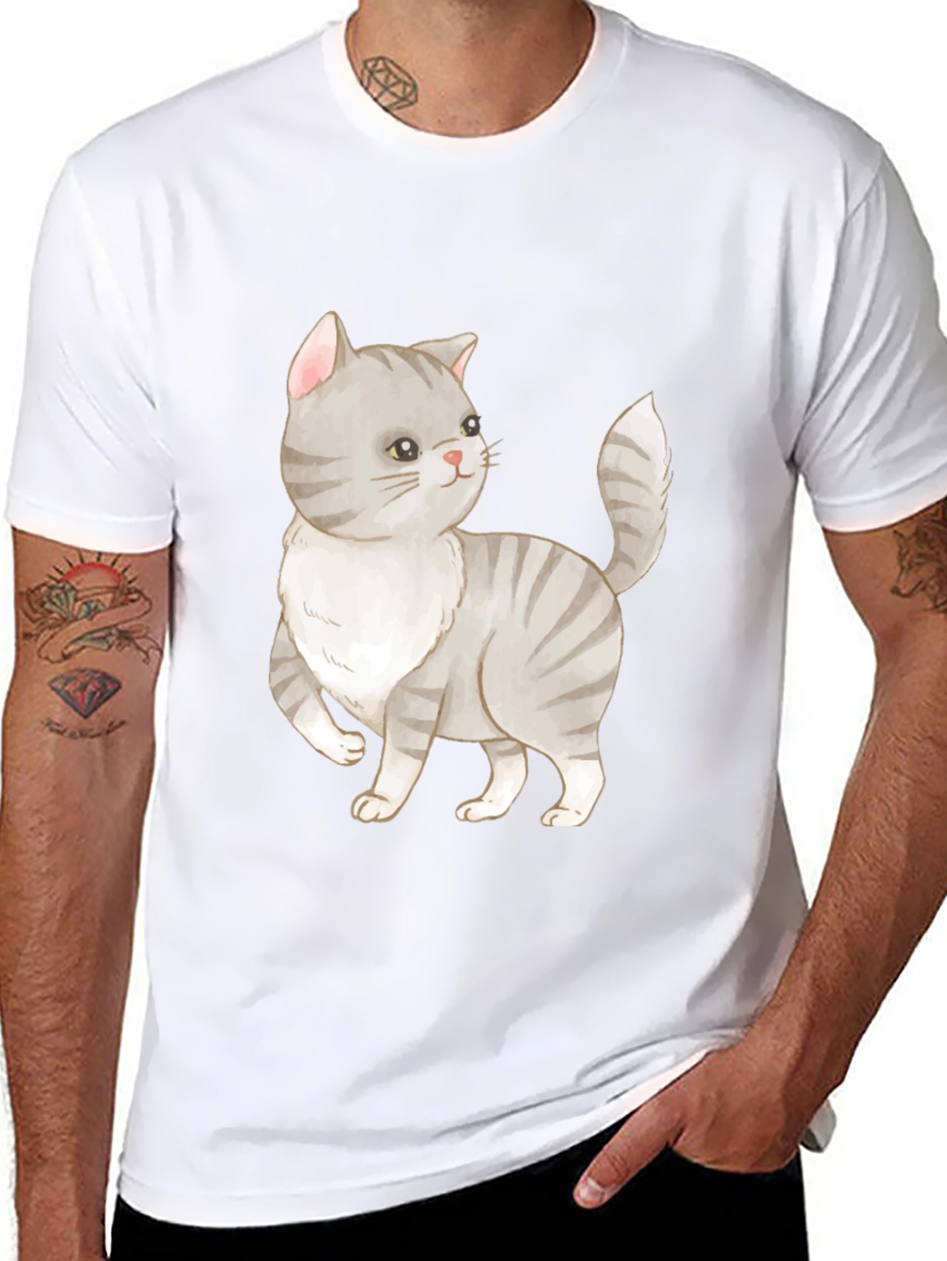 Cute Cat Graphic Tee - Black Cotton T-Shirt