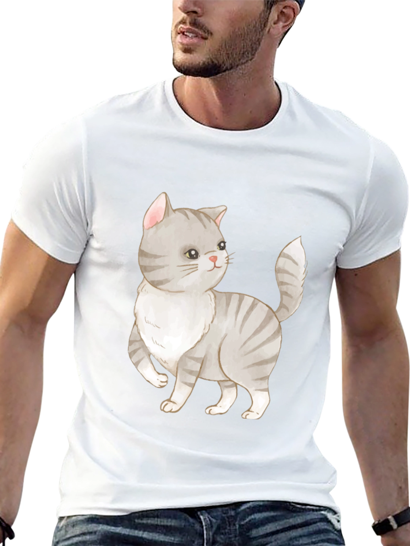Cute Cat Graphic Tee - Black Cotton T-Shirt