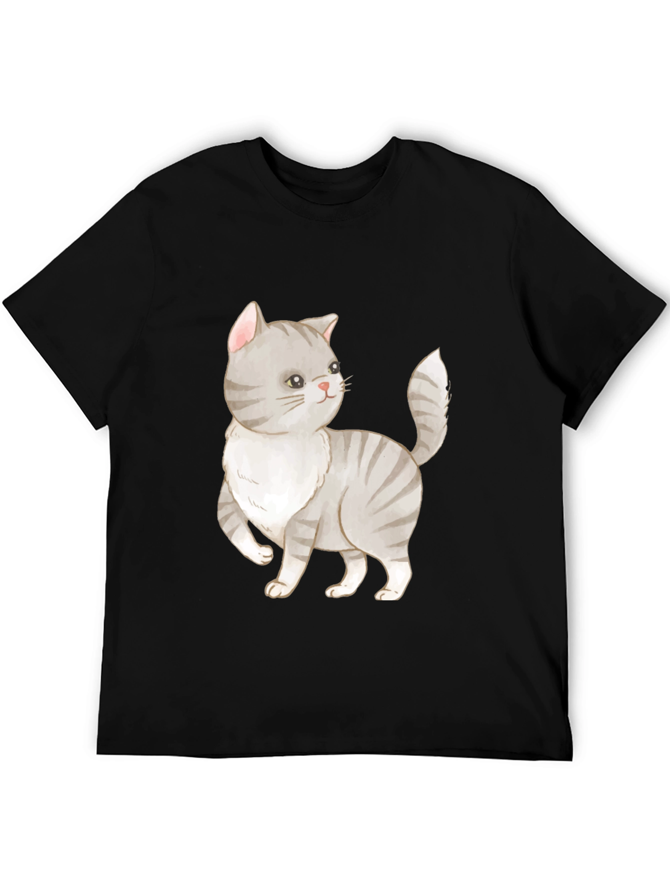 Cute Cat Graphic Tee - Black Cotton T-Shirt