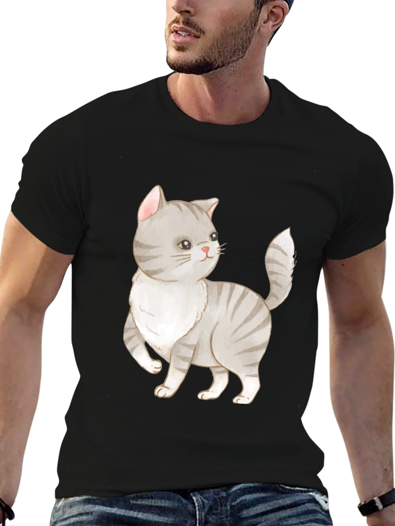 Cute Cat Graphic Tee - Black Cotton T-Shirt